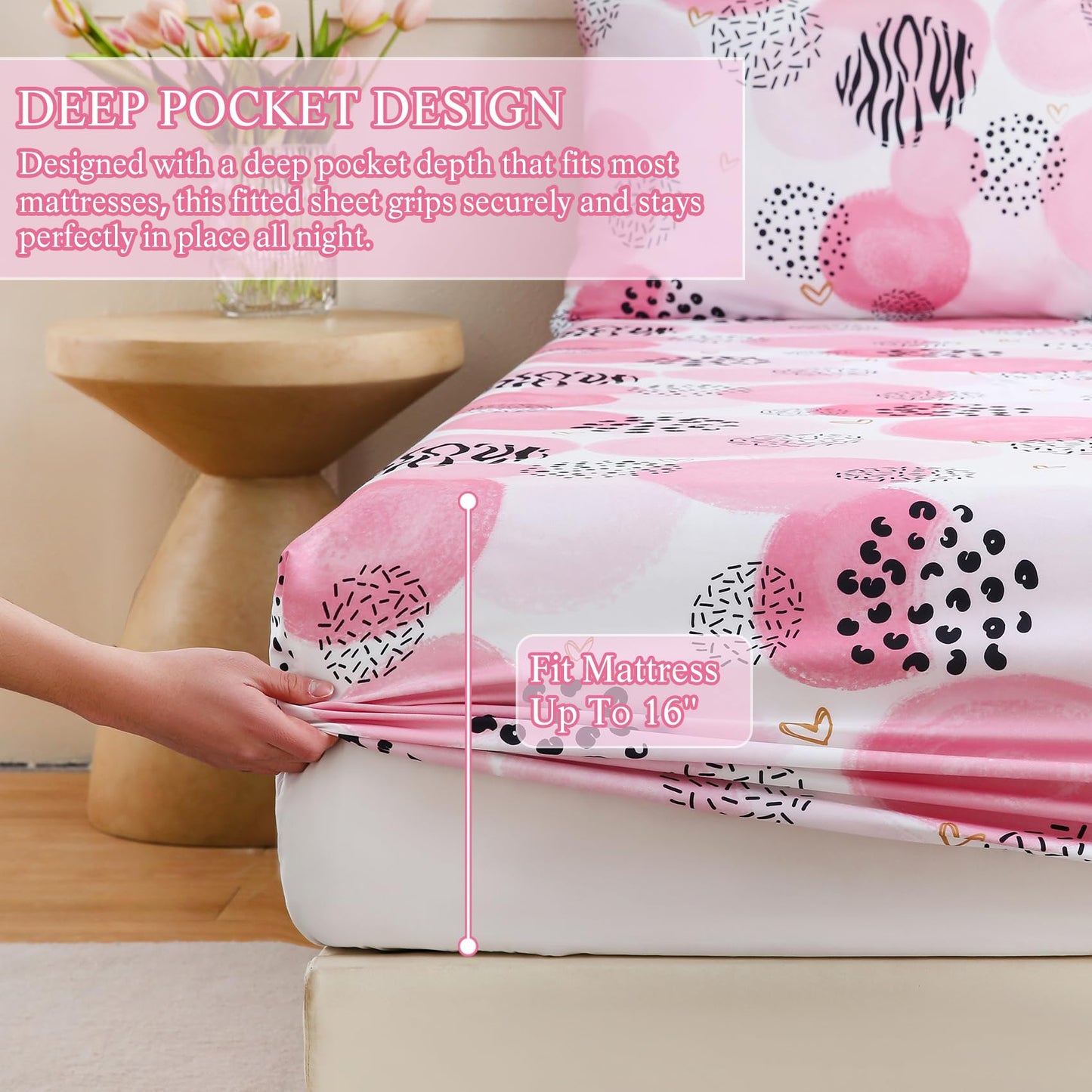 CIMVI Pink Sheet Set Queen Size 4 Pieces Girls Bedding Simple Dots Printed Sheets 15-inch Deep Pocket Fitted Sheets and Pillowcase Soft Breathable Microfiber Bed Sets for Woman Decor Bedroom