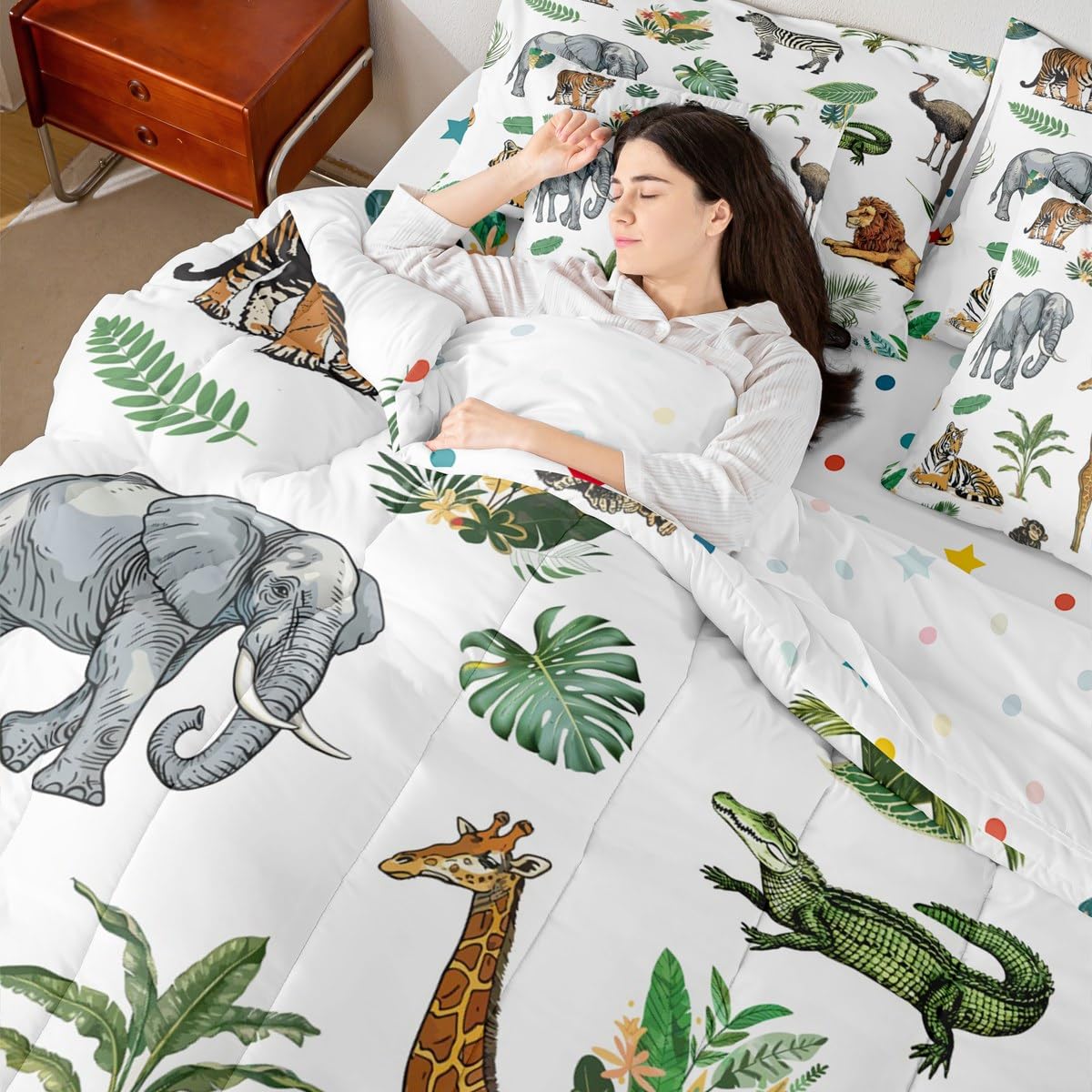 Erosebridal Wild Animal Kids Bed in A Bag Twin 7 Piece Cartoon Elephant Giraffe Comforter Set Safari Animals Bedding Sets for Kids Crocodile Tiger Zebra Palm Tree Tropical Sheet Set with Comforter