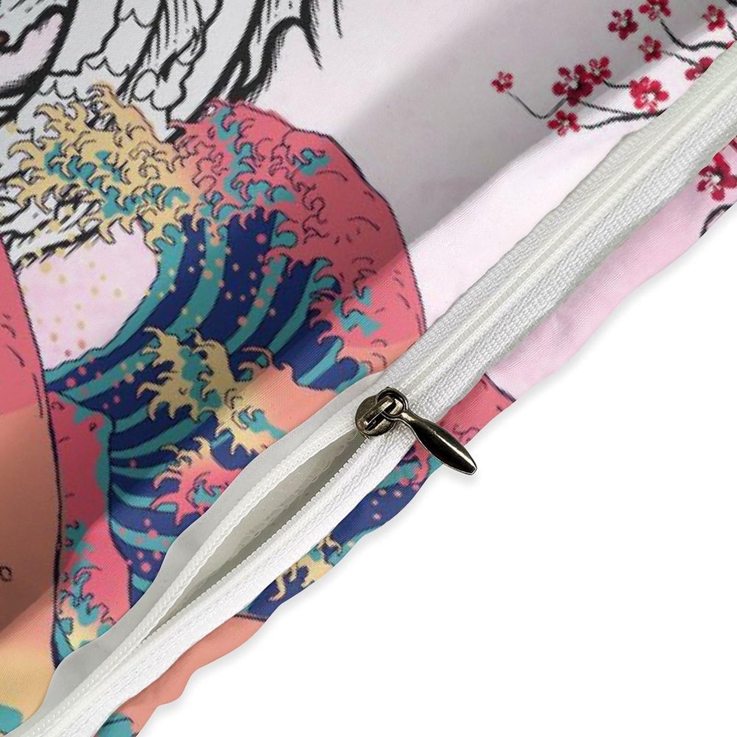 Lnepty Japanese Koi Fish Bedding Set,Asian Style Pink Cherry Blossom Big Wave Yin Yang Black White Koi Retro Landscape Comforter Set with Pillowcase for Bedroom Bed Decor,Twin 86"x70"