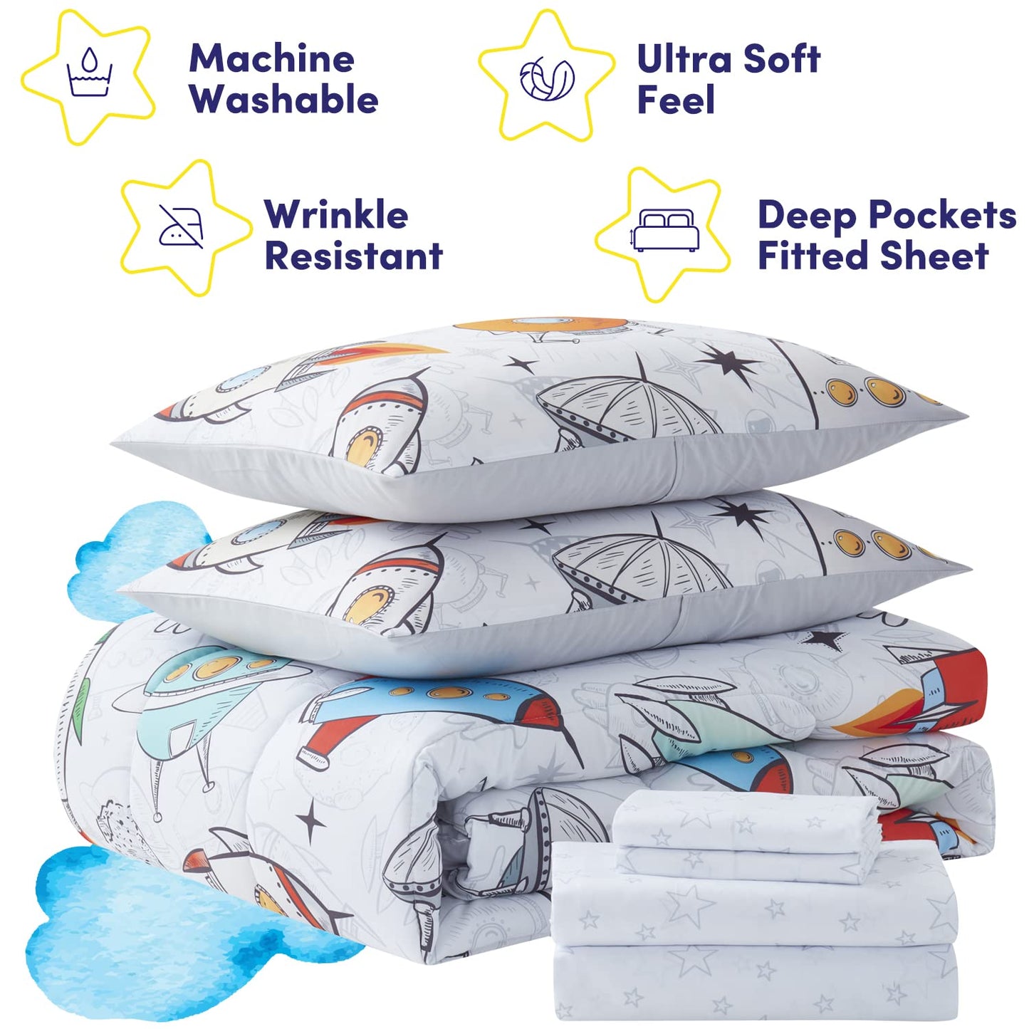 Kids Bedding Set Bed in a Bag for Boys and Girls Toddlers Printed Sheet Set and Comforter , Twin, Floating in Space