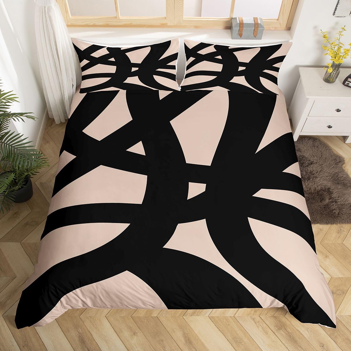 jejeloiu Black and Beige Bedding Set King Size Geometric Modern Comforter Cover Set for Kids Teens Adults Abstract Neutral Art Duvet Cover Abstarct Art Room Decorations 3Pcs with 2 Pillow Cases