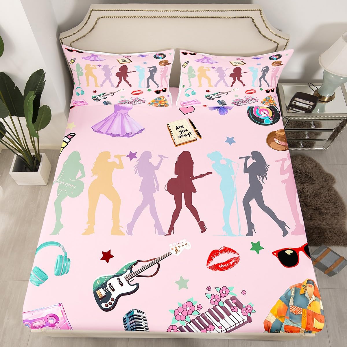 Erosebridal Pink Music Themed Bed Sheets King Girly Guitar Keyboard Sheet Set for Kids Boys Girls Disco Ball Snake Floral Sheets for Music Lovers Stylish and Modern Gifts Fitted Flat Sheets 4 Piece