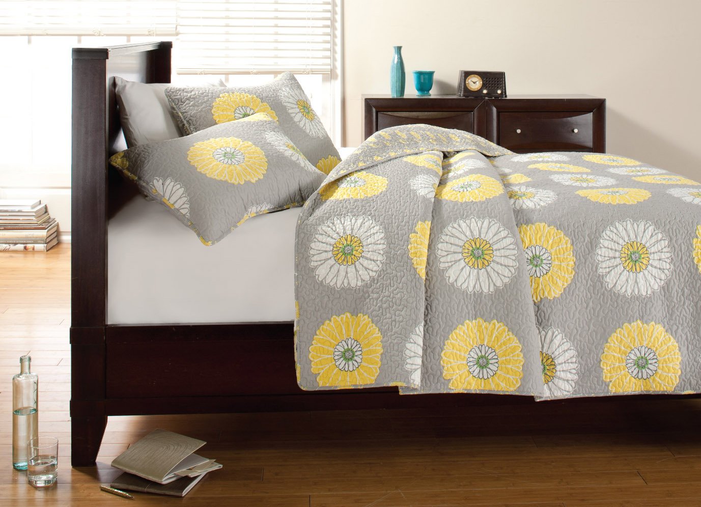 Cozy Line Home Fashions Yellow White Gray Daisy Sunflower Floral Reversible Quilt Bedding Set, Bedspread, Coverlet Lightweight for All Seasons (Sunflower, King - 3 Piece)
