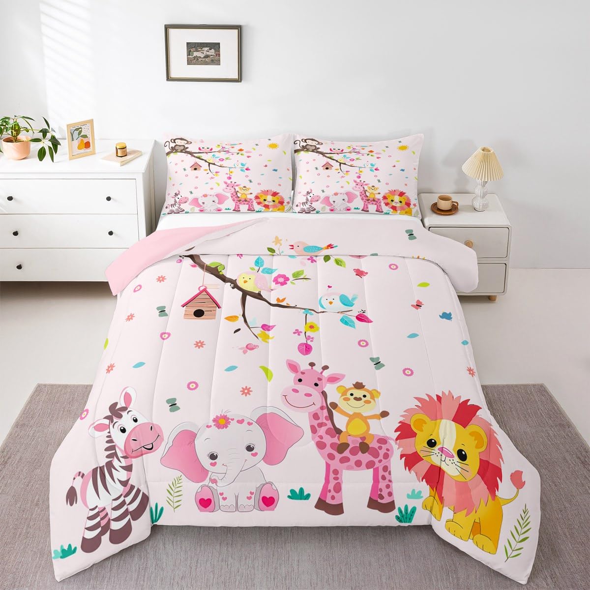 Erosebridal Pink Woodland Animal Comforter Set Twin Size Jungle Animals Bedding Set for Kids Girls BoysKawaii Lion Giraffe Comforter Cartoon Farm Wildlife Elephant Zebra Quilt Bedroom Decor
