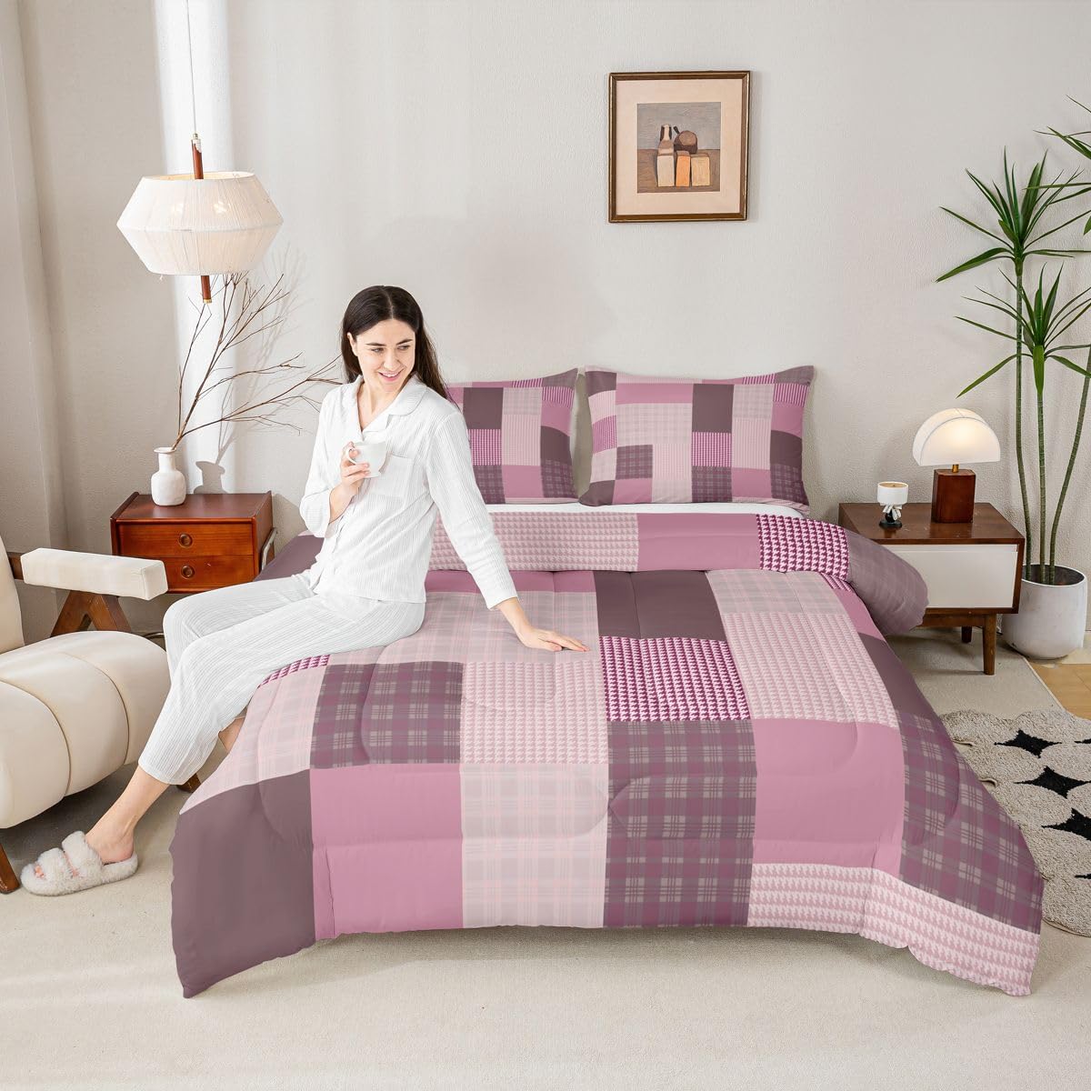 jejeloiu Plaid Bedding Set Soft for Boys Girls, Patchwork Comforter Set Queen Size Check Checkered Duvet Quilt Microfiber Grid Geometric Bedroom Decor 3 Pcs with 2 Pillow Cases