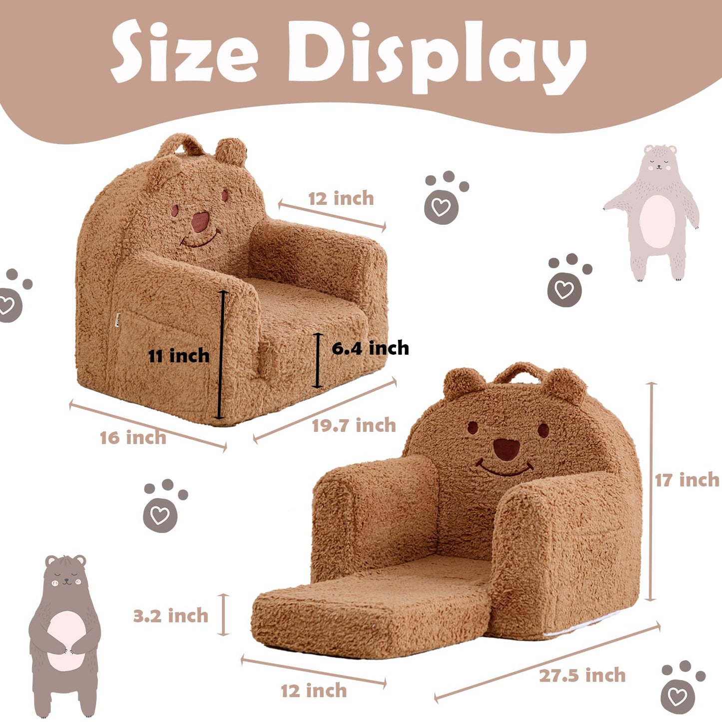 Kisdsa Toddler Chair,Sherpa Bear Toddler Couch Fold Out,Children Reading Chair,Flip Out Kids Couch,Kids Sofa Convertible for Gift (Brown Bear)
