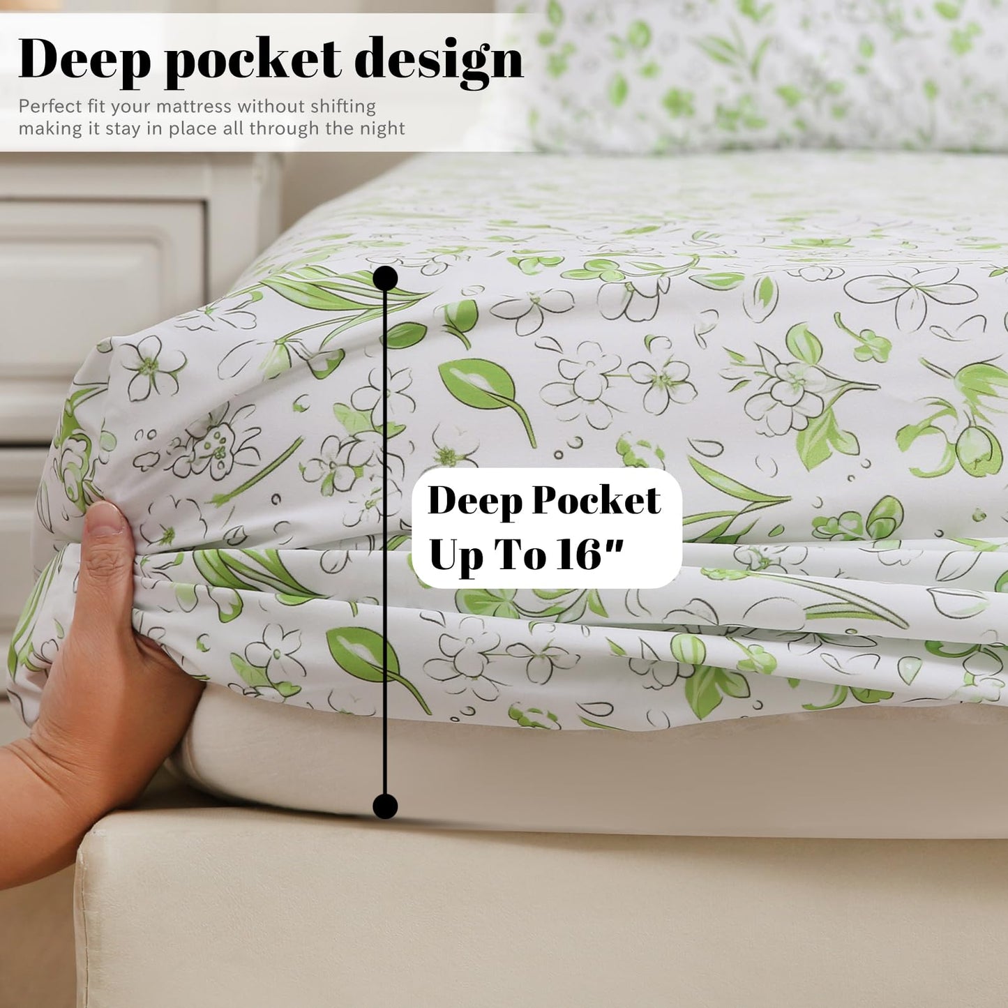 Bedlifes King Sheet Set Ultra Soft, Breathable, Silky Flower Deep Pocket 100% Microfiber Bedding, 4 Piece King Size Green Floral