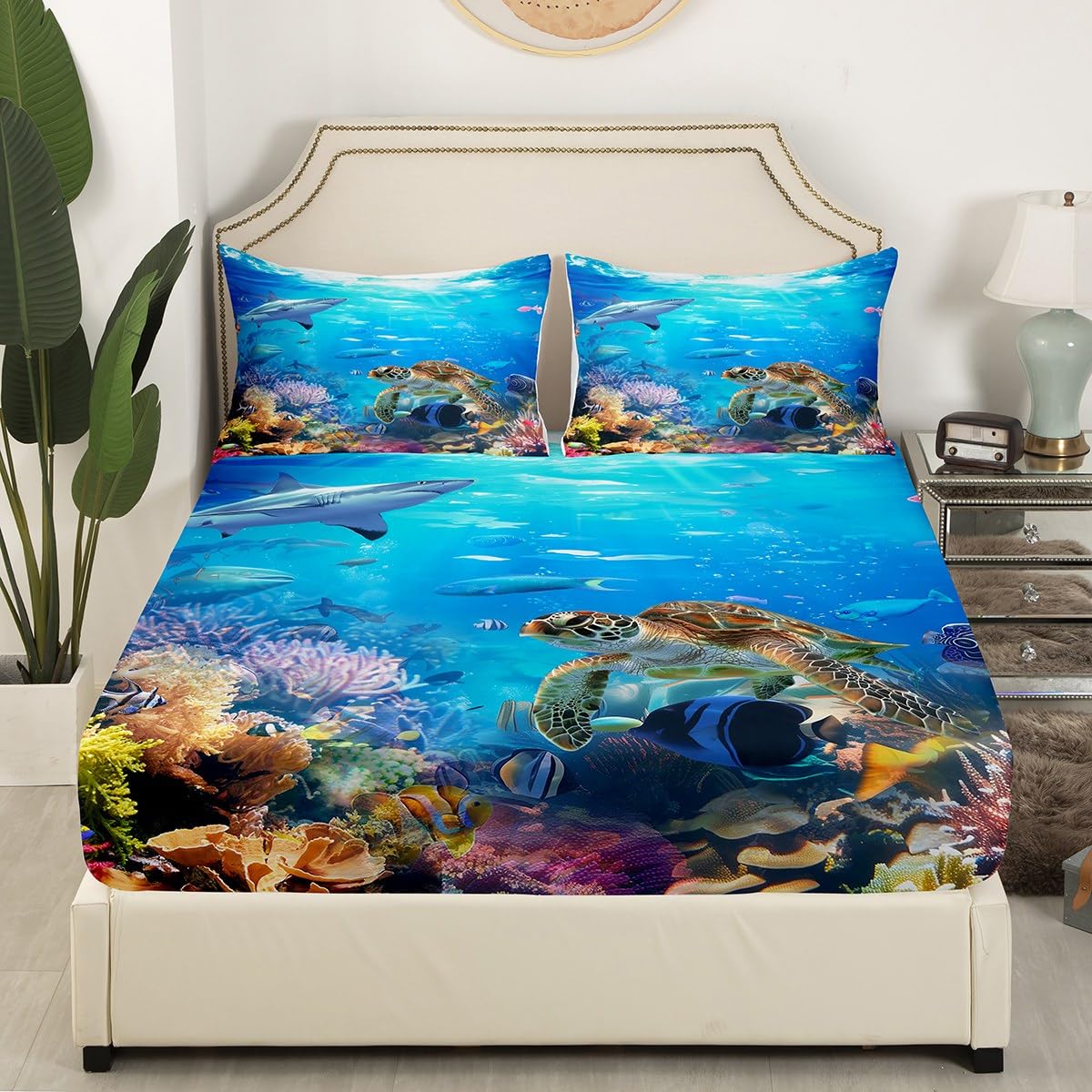 Erosebridal Sea Turtle Sheet Set Full Size, Shark Bed Sheets, Ocean Animals Fishes Fitted Sheet, Tortoise Rainbow Coral Bed Sheets, Home Textiles Bed Cover for Teens Boys Girls