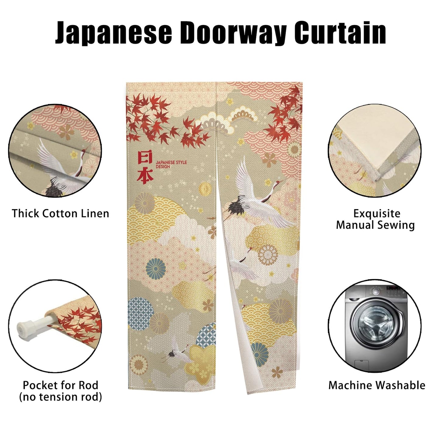 XMJJKUF Long Style Japanese Noren Doorway Curtain Japanese Doorway Curtain Feng Shui Window Treatment Cranes Printed Door Tapestry Polyester for Room Divider Kitchen Home Decor,33.5"x 70.9"