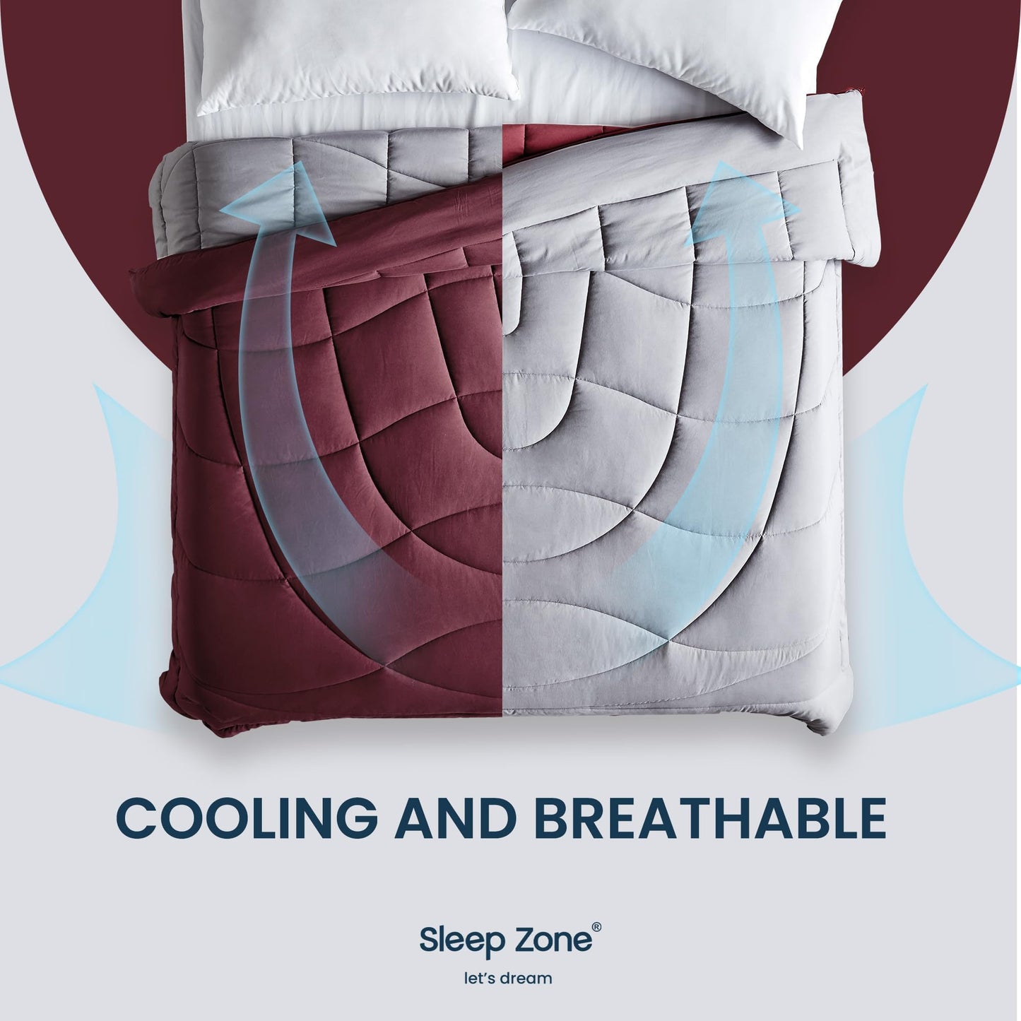 SLEEP ZONE Comforter Duvet Insert, Queen Size Quilted Reversible Comforters, Soft All Season Duvet, Down Alternative Breathable Bedding with 8 tabs, 2 Sides Burgundy Gray 88 x 88 Inches