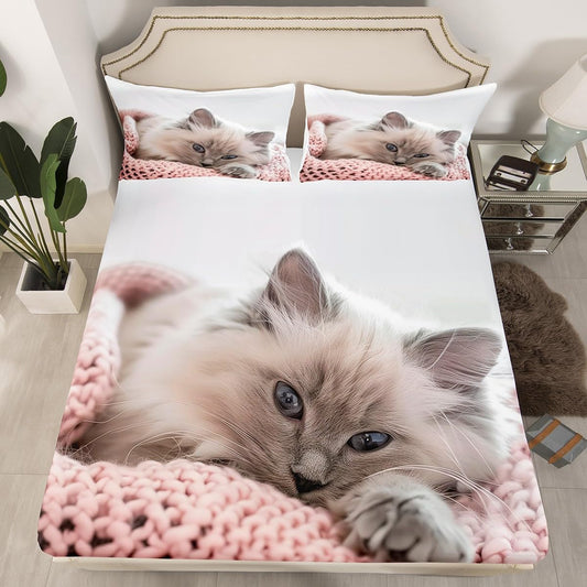 jejeloiu Cat Fitted Sheet Twin Size for Kids Boys Girls Cats Print Bed Sheets Set 16" Deep Pocket Breathable Microfiber Animal Bedding with 1 Pillowcase White Room Decor
