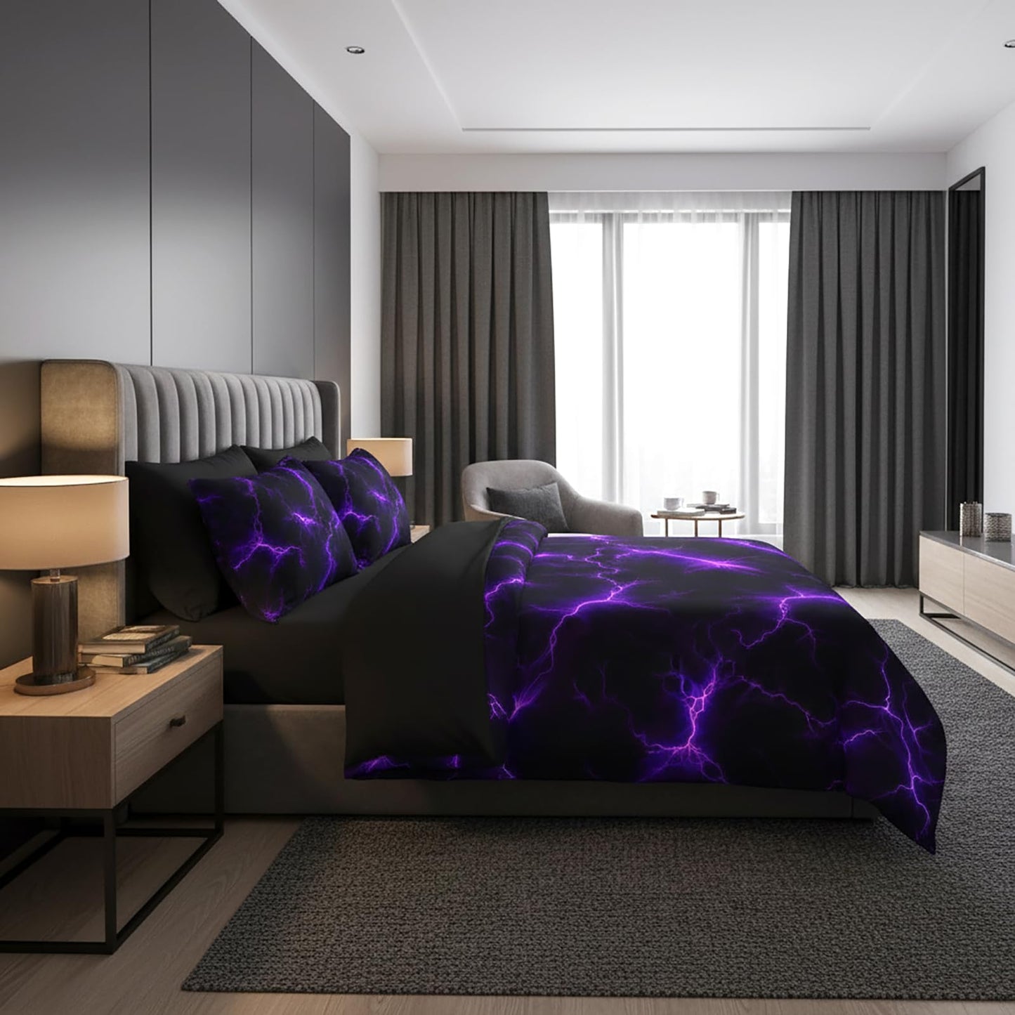 QOOMO Purple Lightning 7 Pieces Comforter Set Queen Size,Neon Lightning Bedding Set for Kids-Include 1 Comforter,1 Fitted Sheet,1 Flat Sheet,2 Printing Pillowcases and 2 Black Pillowcases