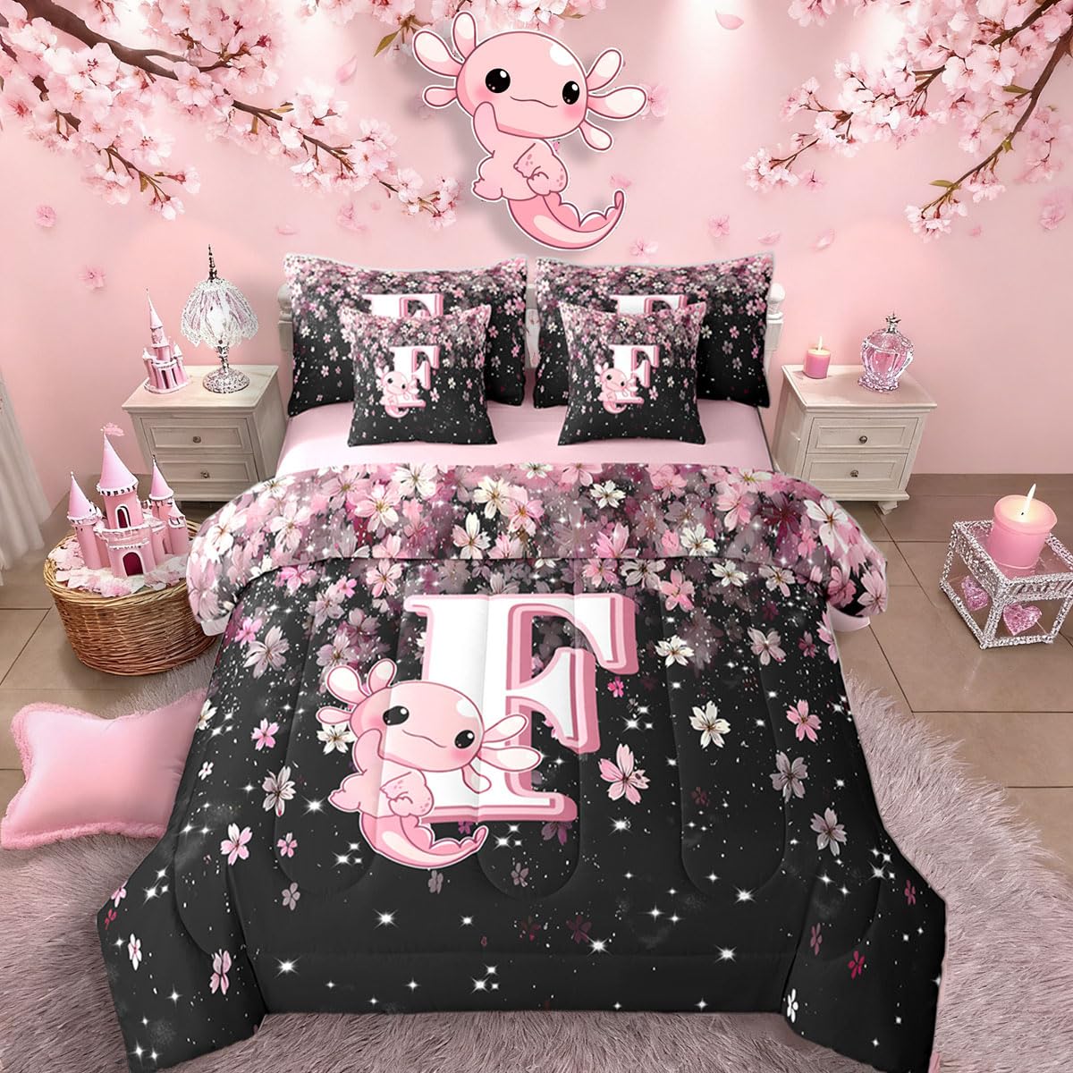 Erosebridal Pink Axolotl Bedding Set for Teen Girl (Pink Black,7Pcs,Twin Size) - Cute Initial Letter F Bed in A Bag Cherry Blossom Comforter Set Girly Preppy Cute Axolotl Quilt with Initial Design