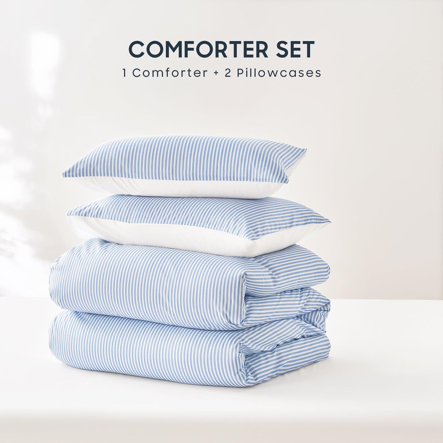 Wake In Cloud - Striped Comforter Set, Ticking Stripe Vertical Pinstripe Neutral Farmhouse Pattern Printed, Soft Lightweight Bedding, 3 Pieces, Blue White, Twin/Twin XL Size