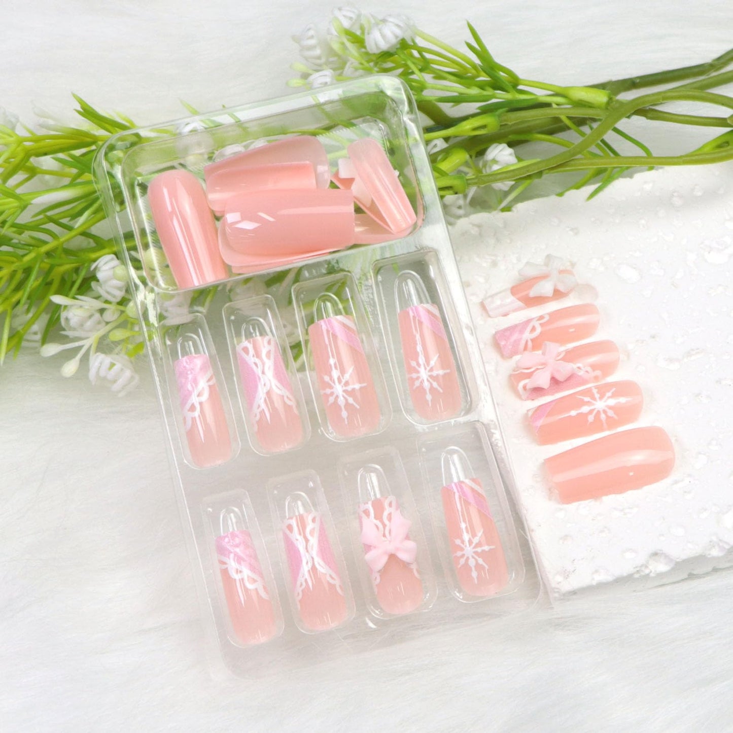 White French Tip Press on Nails Medium Square Fake Nails Winter Nails Press ons with 3D Bow Snowflakes Designs Pink Acrylic Nails for Women 24Pcs