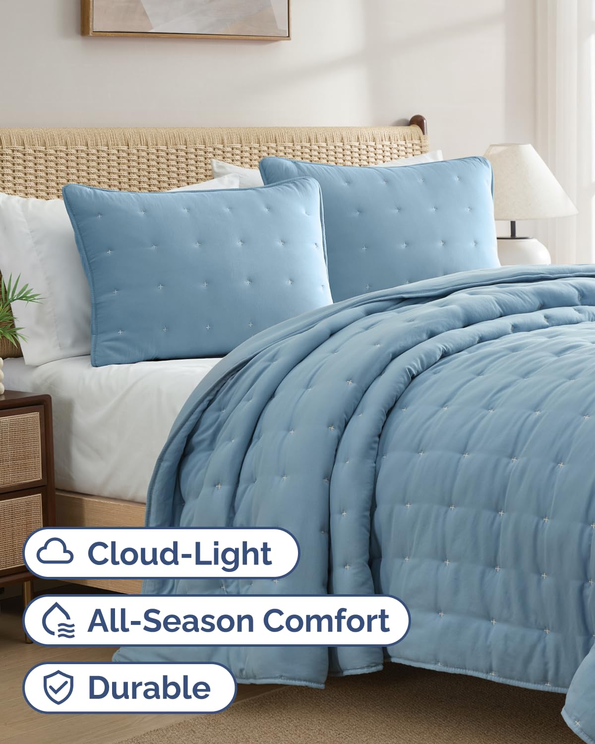 Quilts King Size - Bedspread for King Size - Lightweight Comforter Set - Quilt Bedding Set for All-Seasons - Ultra Soft, Breathable & Comfy - Summer Coverlet w/ 2 Pillow Shams - 106" x 96", Dust Blue