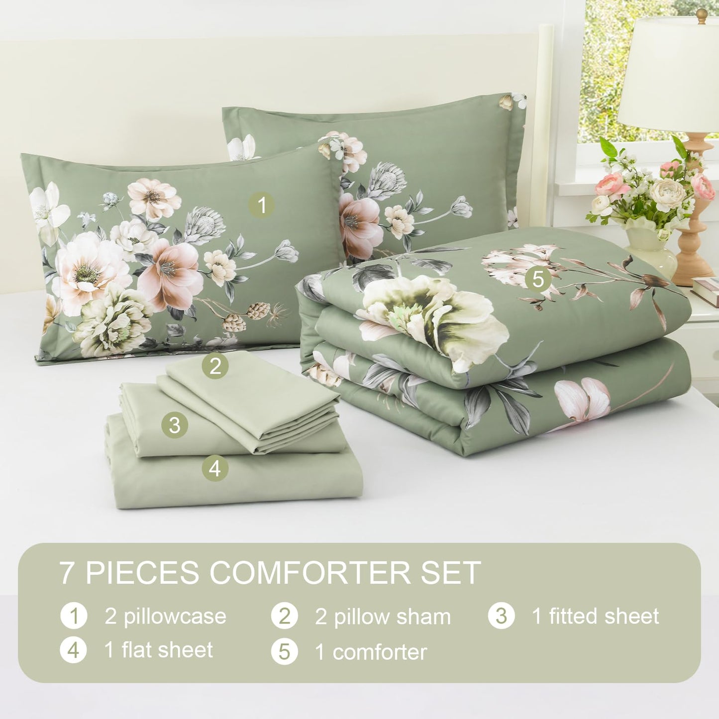 Floral Comforters Queen Size 7 Pieces Botanical Green Flower Bed in a Bag Ulter Soft Microfiber Bedding Set, Lightweight Bed Comforter Set with Sheets for All Season (Green, Queen)