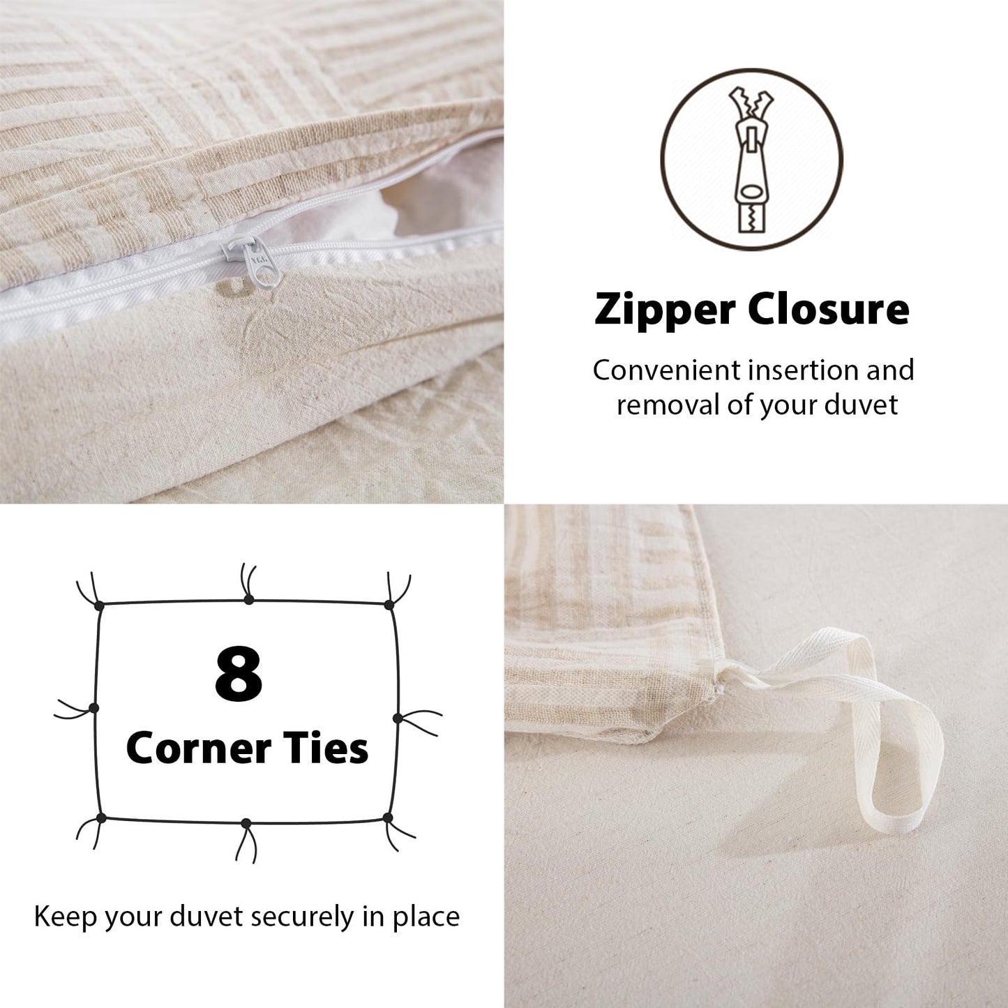 TodaFre Linen Cotton Duvet Cover King Size, Natural Moisture Wicking Beige Grid Weave Textured, Cooling Breathable Bedding Set for Hot Sleepers (Beige, 104" x 90")