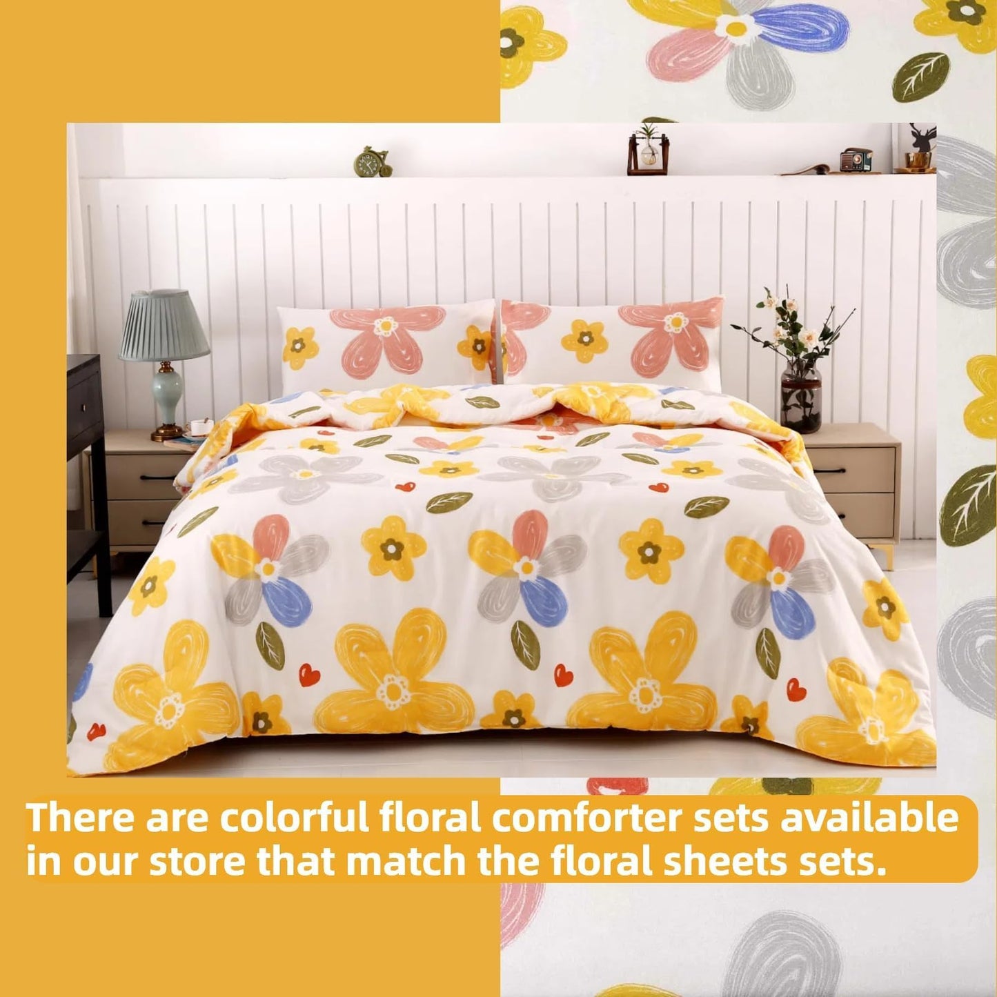 SDIII 4 Pieces Yellow Floral Sheets Set Full, Soft Microfiber Floral Bed Sheets Full Size Deep Pocket, Cute Flower Bedding Sheet for All Season