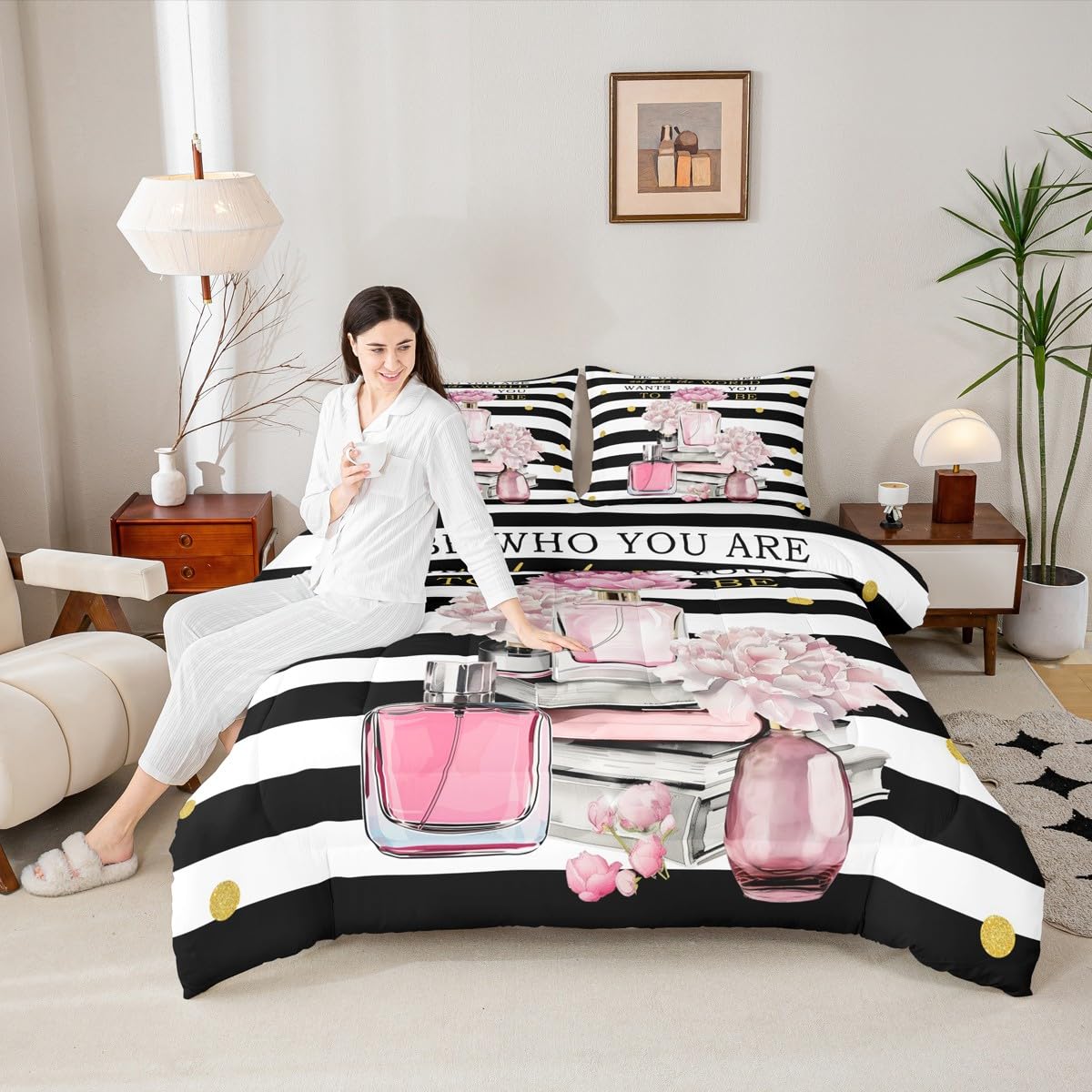 Erosebridal Pink King Bedding Set for Girls Kids Teens Girly Boho Fashion Preppy Cute Comforter Geometric Modern Black and White Stripe Duvet Insert Women Perfume and Book Coquette Bow Quilt