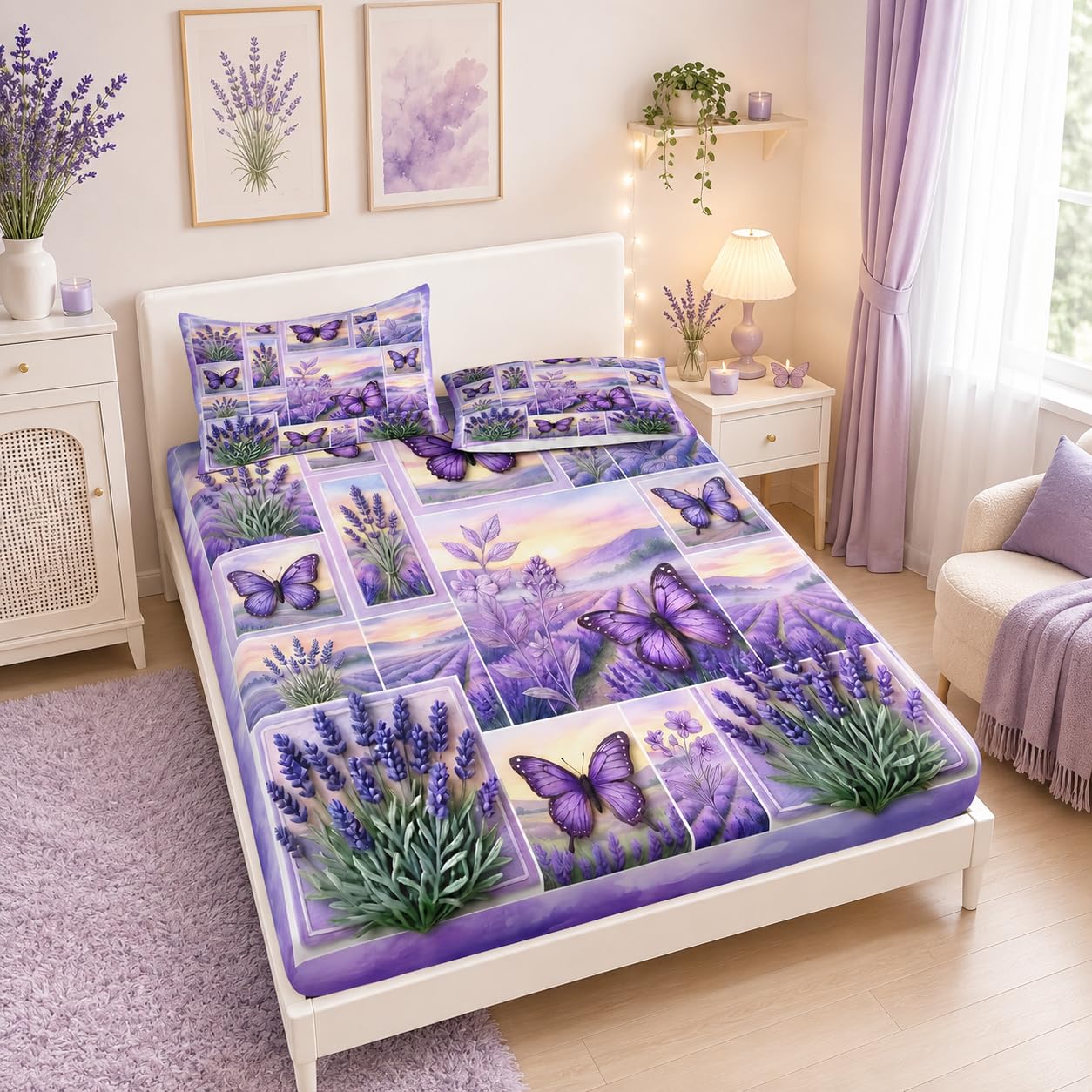 HOSIMA Butterfly Bedding Set Queen Size,Lavender Pattern Plaid Patchwork Fitted Sheet for Girls Women Bedroom Decor,Lightweight Floral Bedding,1 Fitted Sheet+2 Pillowcases.