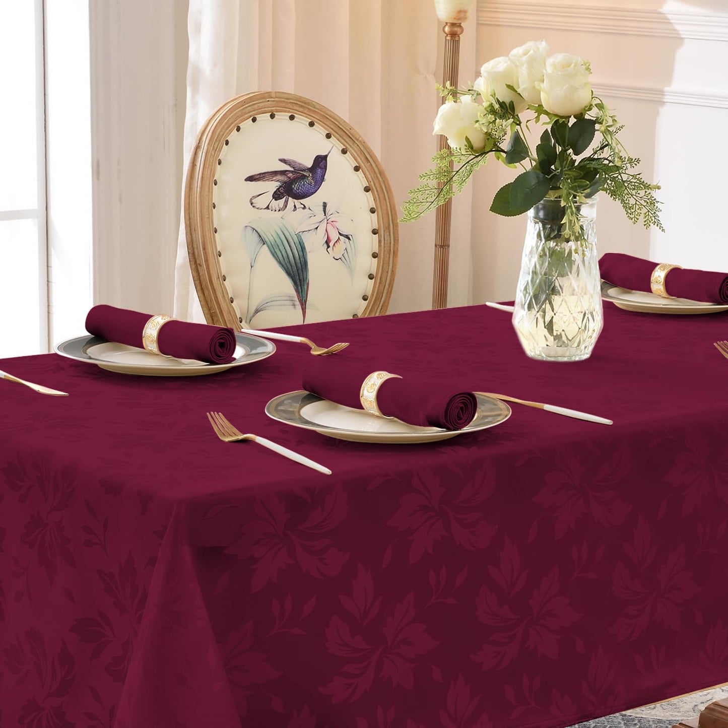 Romanstile Jacquard Rectangle Tablecloth, Elegant Waterproof Damask Floral Pattern Table Cloths Heavy Weight Decorative Table Covers for Dinner/Parties/Holiday - 60 x 102 Inch, Burgundy