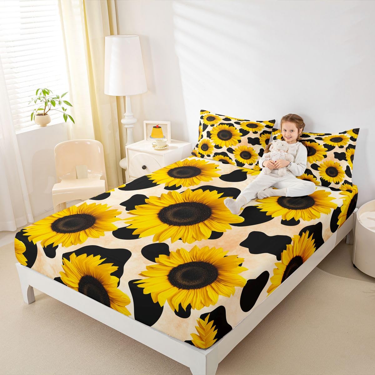 Sunflower Fitted Sheet for Kids Girls Boys Black White Milk Cow Print Bedding Sets Spring Summer Floral Fitted Bed Sheets Highland Cow Farm Theme Sunflower Bedding Twin Size,No Flat/Top Sheet