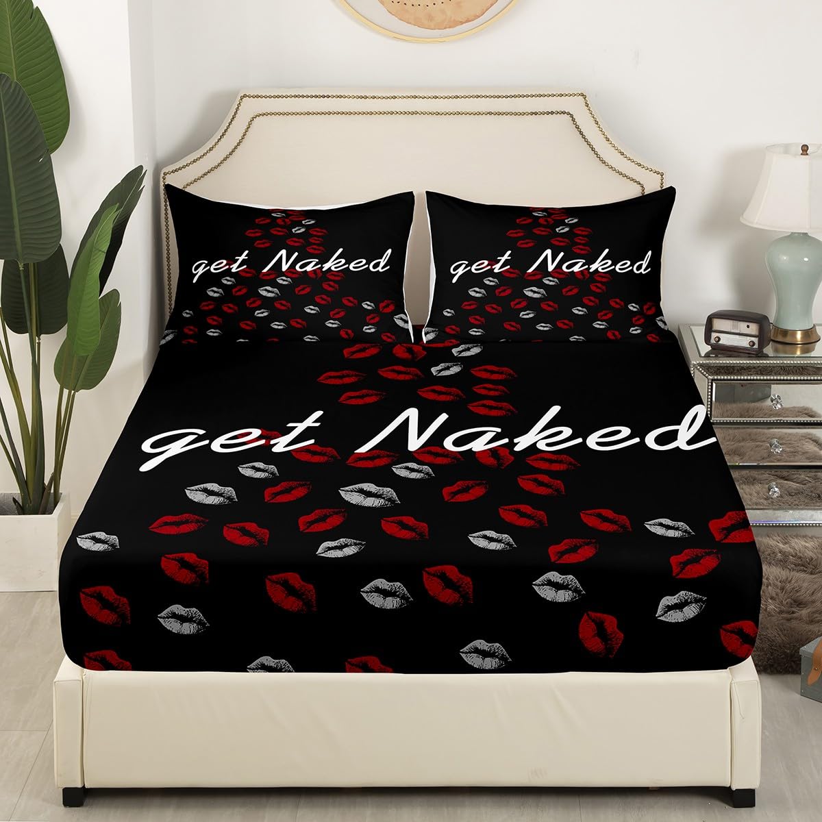 Get Naked Bed Sheet Set Sexy Red Lips Fitted Sheet & Pillow Sham Set for Men Women Couple Lover Funny Quotes Kiss Bedding Set Ultra Soft Decor Black and White Bed Cover No Flat Sheet Full Size