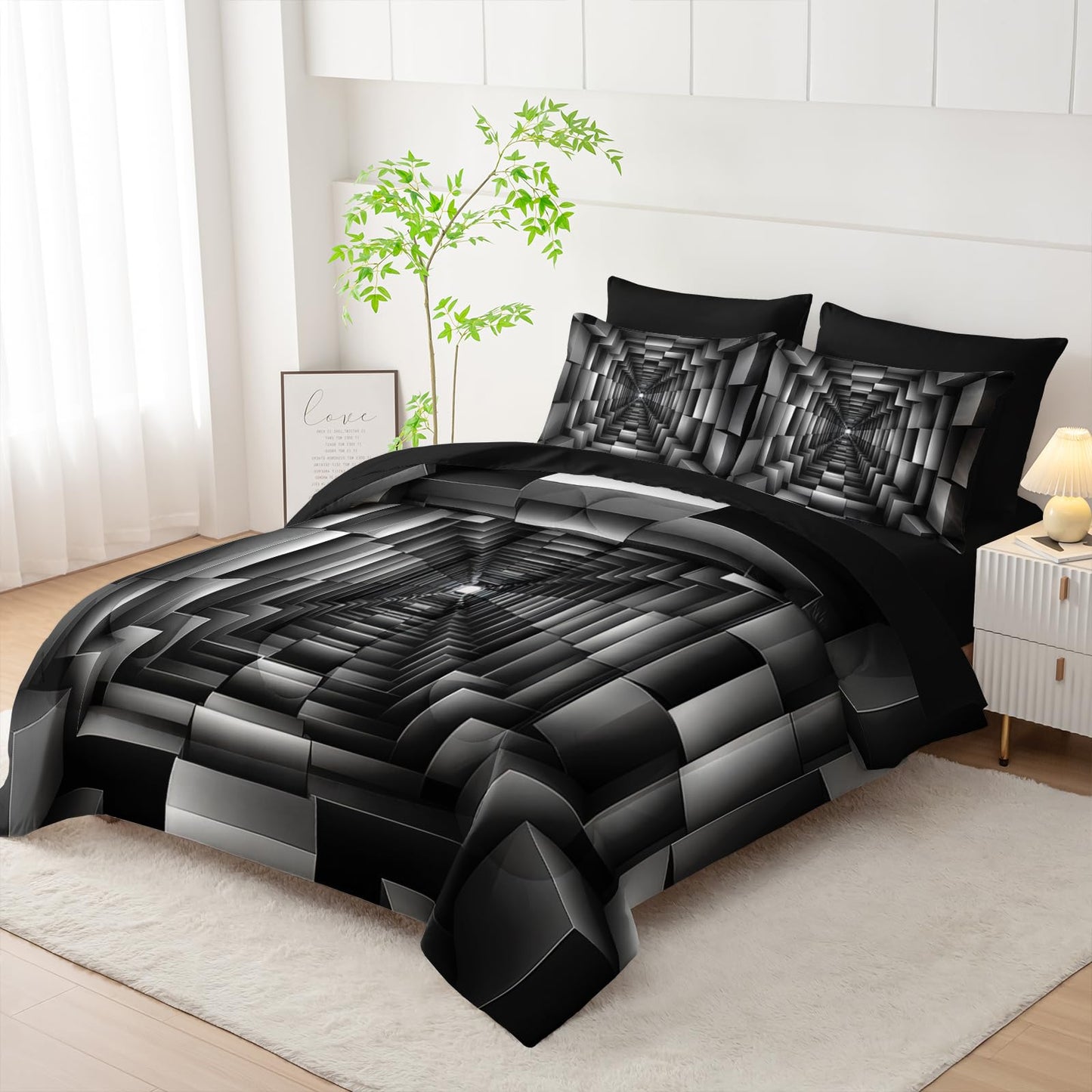 lneffble 7 Piece Black and White Checkered Comforter Set Queen，Geometric Bedding Set Boys，Geometric Bedroom Decor，(1 Comforter, 1 Flat Sheet, 1 Fitted Sheet, 2 Pillowcase and 2 Pillow Sham)