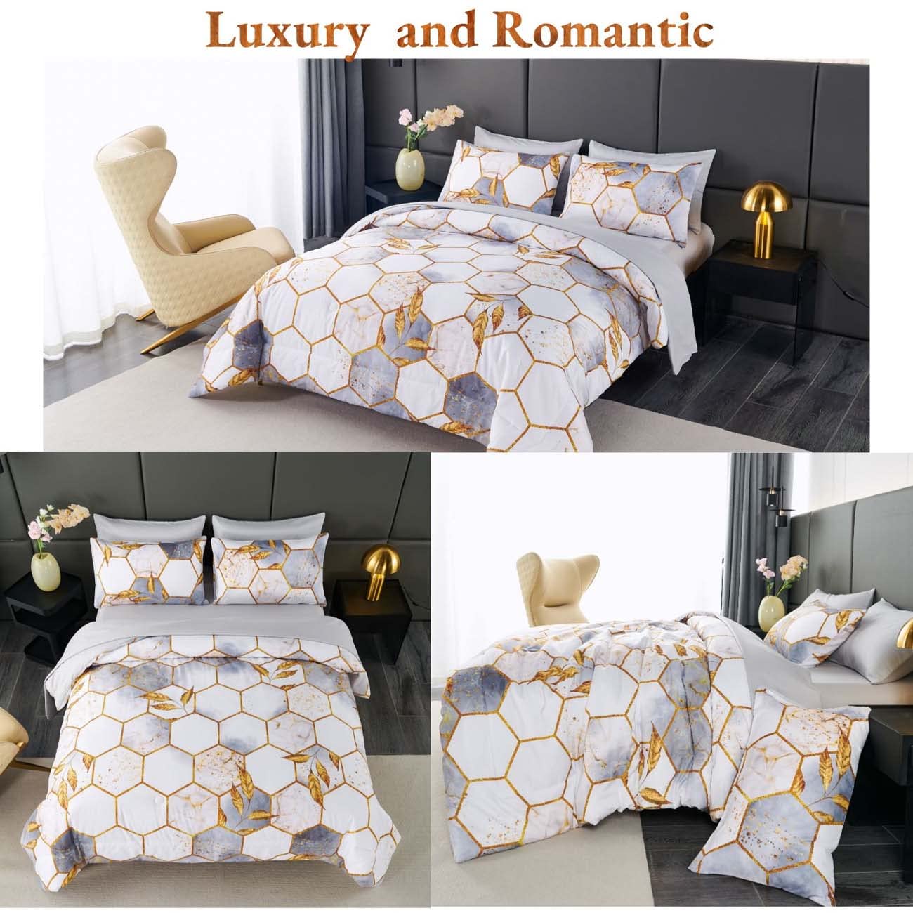 ANGIYUIN 7 Pieces White Gold Comforter Set Full Geometric Foil Print Bed Set Marble Hexagon Bedding Sets Ultra Soft Honeycomb Bed in A Bag for All Season (White Full)
