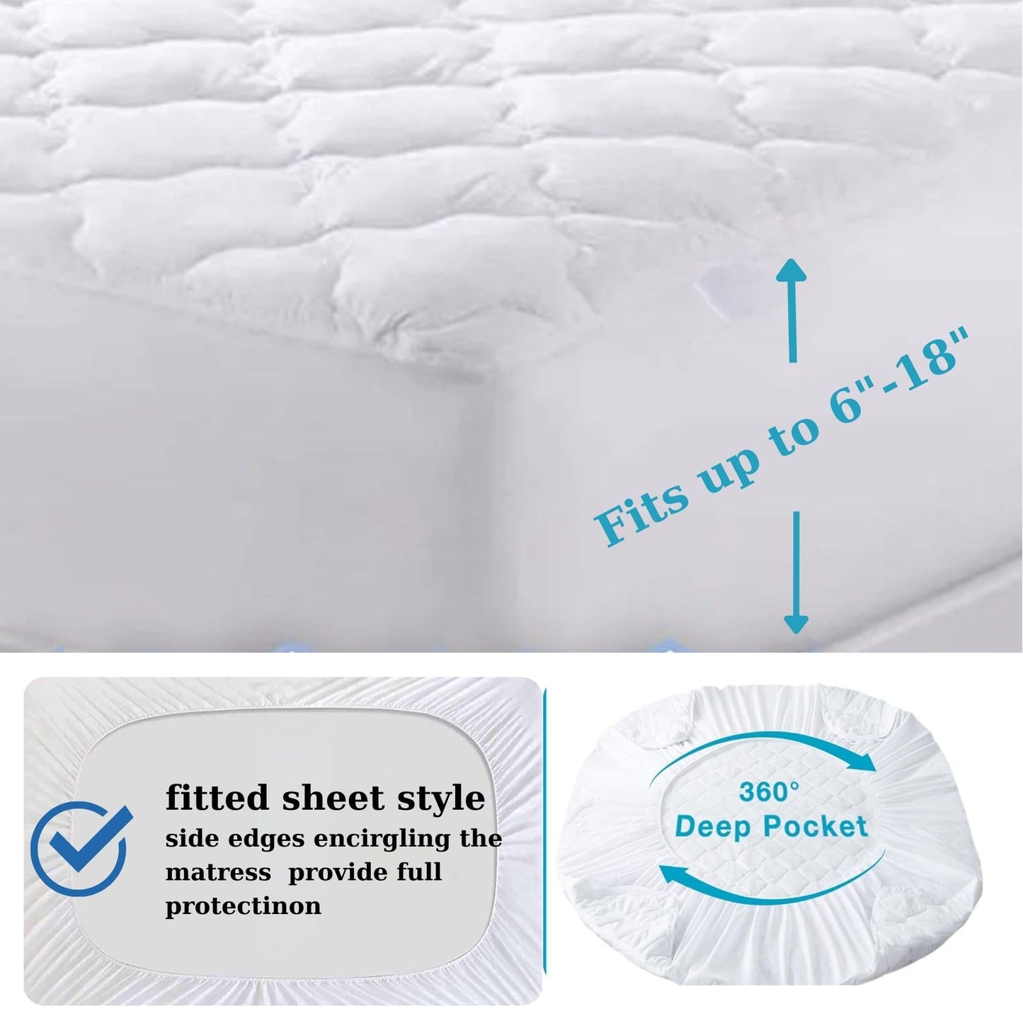 Queen Mattress Protector Deep Pockets -up to 18" deep- Quilted Fitted- Waterproof-Breathable-Noiseless-60 X78 inc Mattress Pad, Elastic Fitted Cotton Bed Mattress Cover,-White- (Queen)