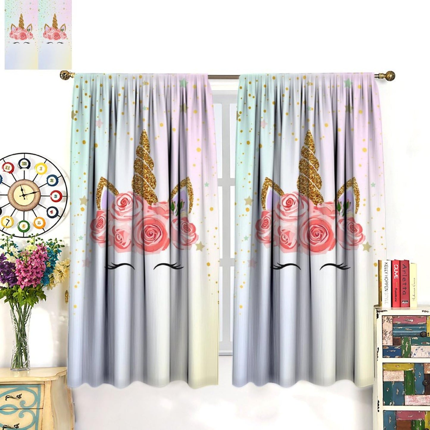 YCness Girls Unicorn Curtains Ombre Rainbow Pink Art Printed Window Drapes for Kids Children Nursery Playroom Room Decor Fabric Set 2 Panel 42x45 Inch 30% Shading Rate