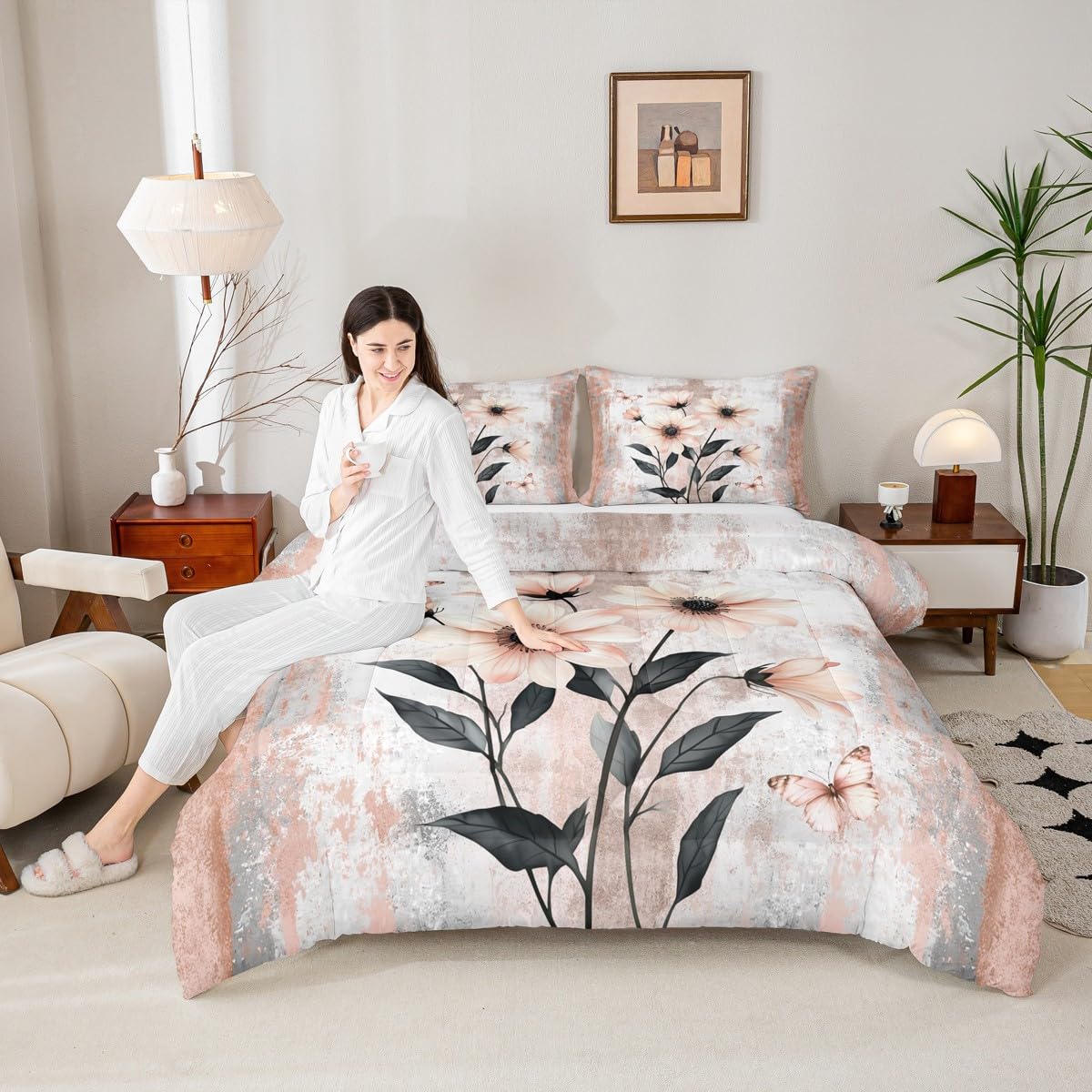 Erosebridal Watercolor Daisy Flowers Queen Comforter Set Abstract Oil Painting Bedding Set Rustic Farmhouse Bed Set Ombre Orange Grey White Quilt Set