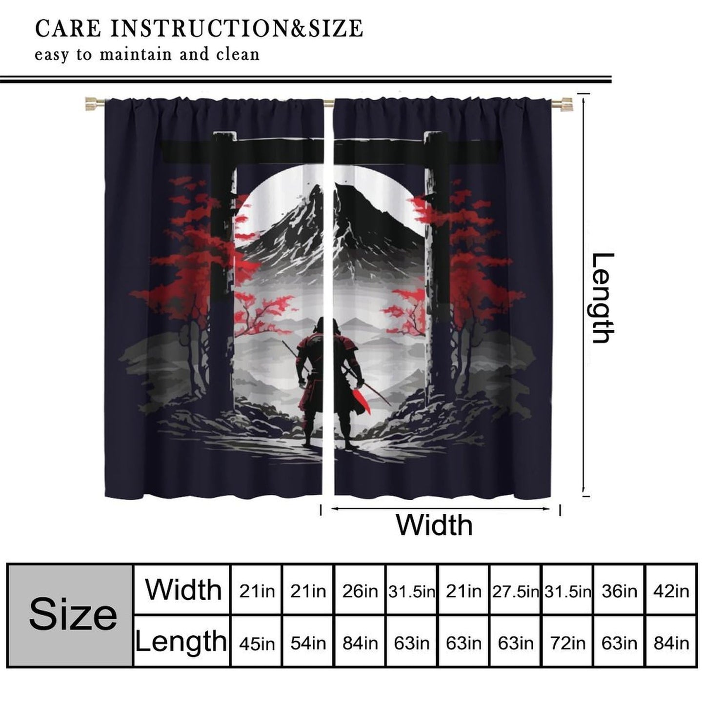 Japanese Anime Samurai Windows Curtains Asian Samurai Red Leaves Rod Pocket Window Treatment for Living Room Bedroom Home Decor Window Drapes 42" W X 45" L