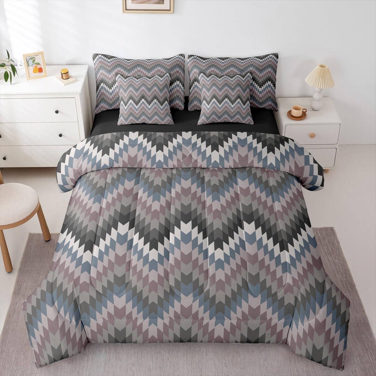 Erosebridal Aztec Geometric Bed in A Bag King 7 Pcs Farmhouse Western Comforter Set for Women Men Country Native American Bedding Sets Black Grey Ethnic Aesthetic Sheet Set with Comforter