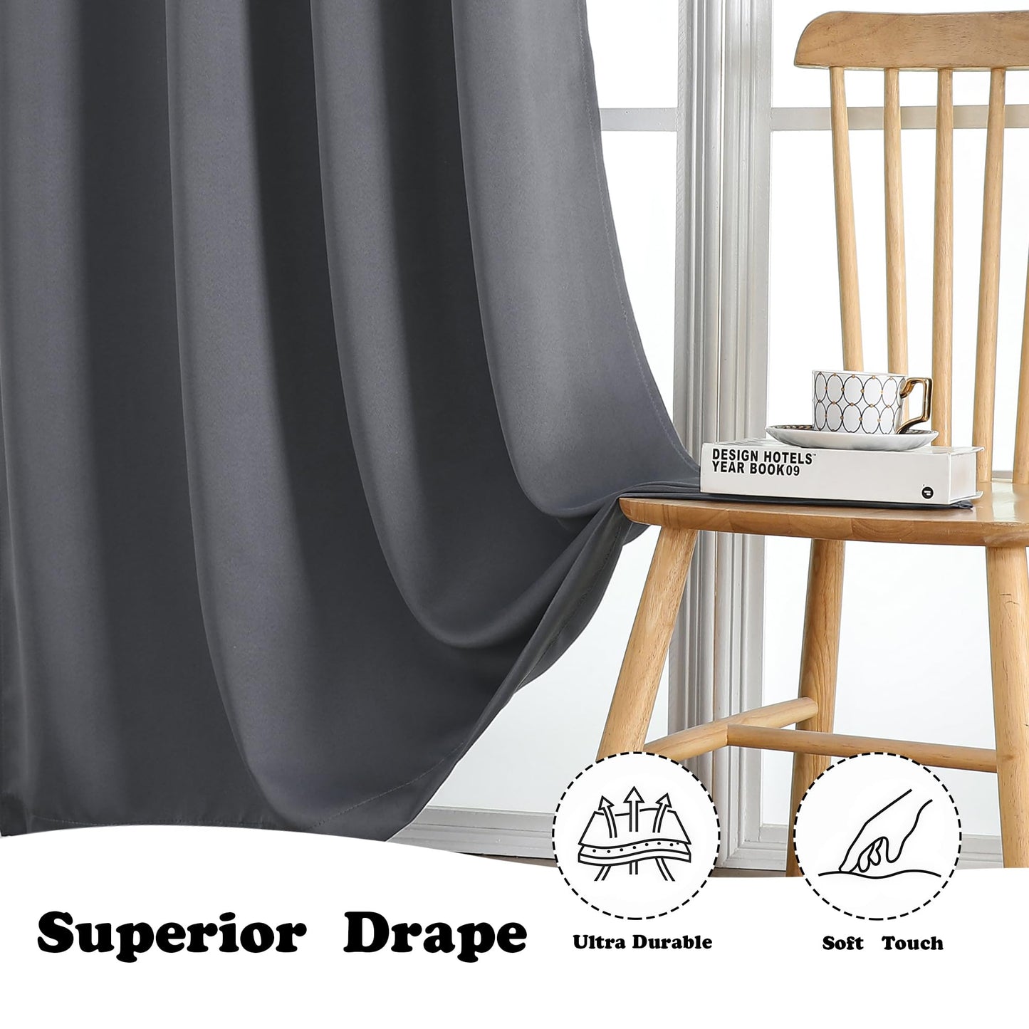 Simplebrand Grommet Blackout Curtains for Bedroom 63 Inch Length 2 Panels Set, Thermal Insulated Energy Saving Curtains for Kids Room, Solid Nursery Window Treatment Drapes, Dark Grey, W40 x L63