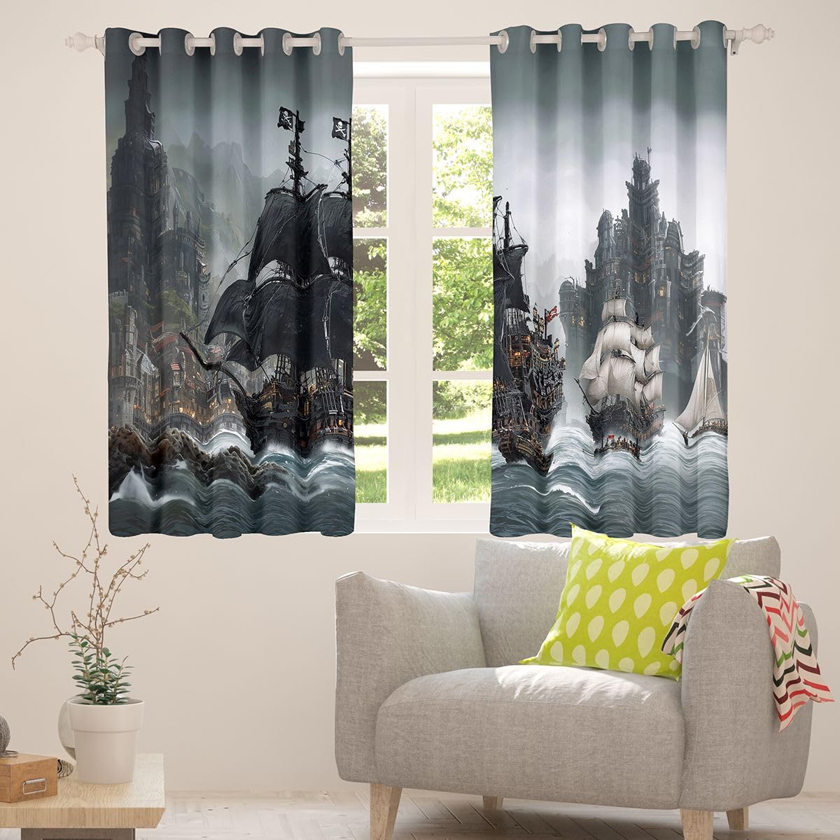 Erosebridal Nautical Blackout Curtains Retro Sailboat Sailing Window Curtains 42" Wx63 L Teen Kids Men Fantasy Ocean Advanture Window Treatments Drapes for Bedroom Coastal Ship 2 Panels Decor