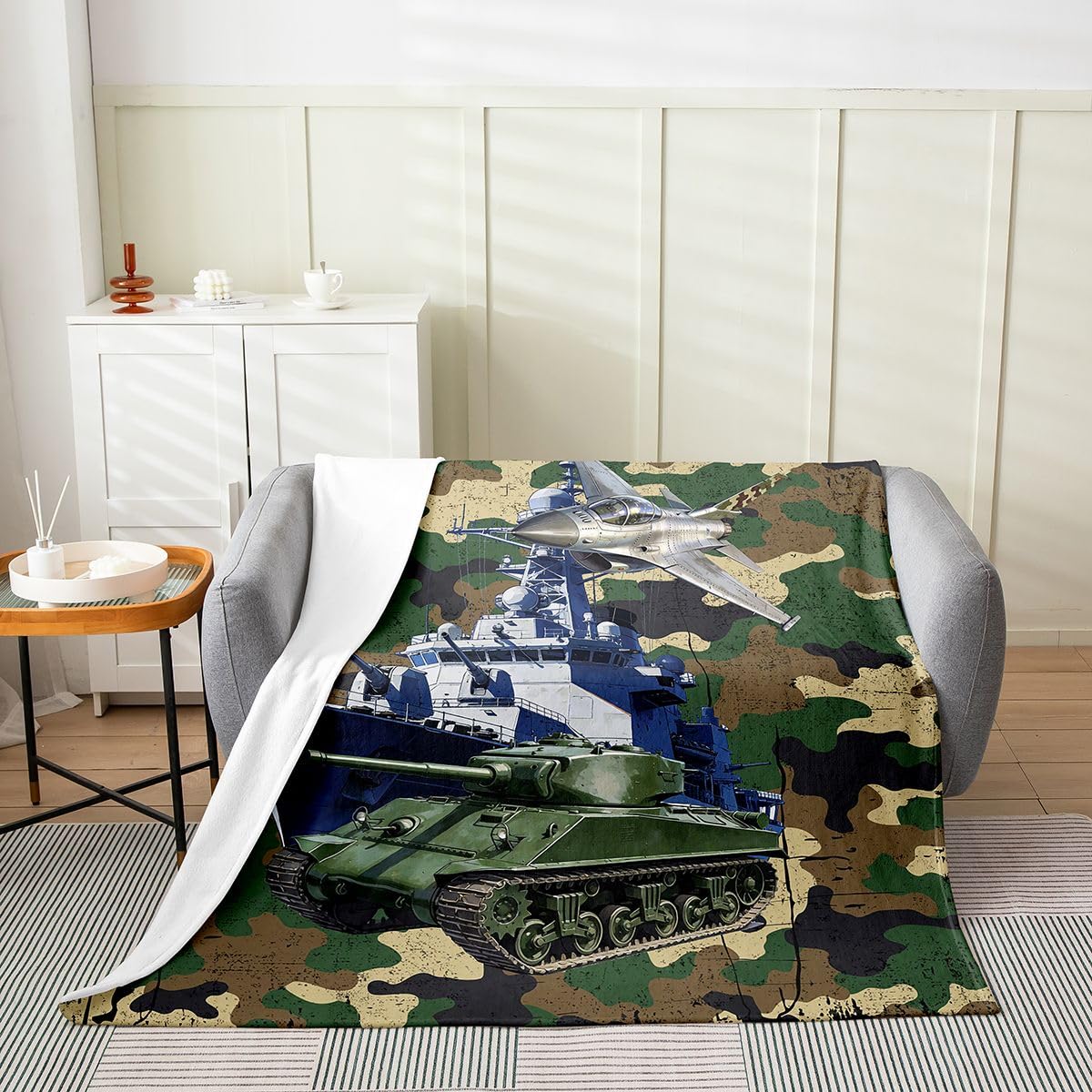 Feelyou Army Camouflage Fleece Throw Blanket,All Season Military Aircraft Print Bed Blanket Ship Tank Camouflage Flannel Fuzzy Blanket for Bed Sofa Couch,Bedroom Decor Plush Blanket 40"x50"