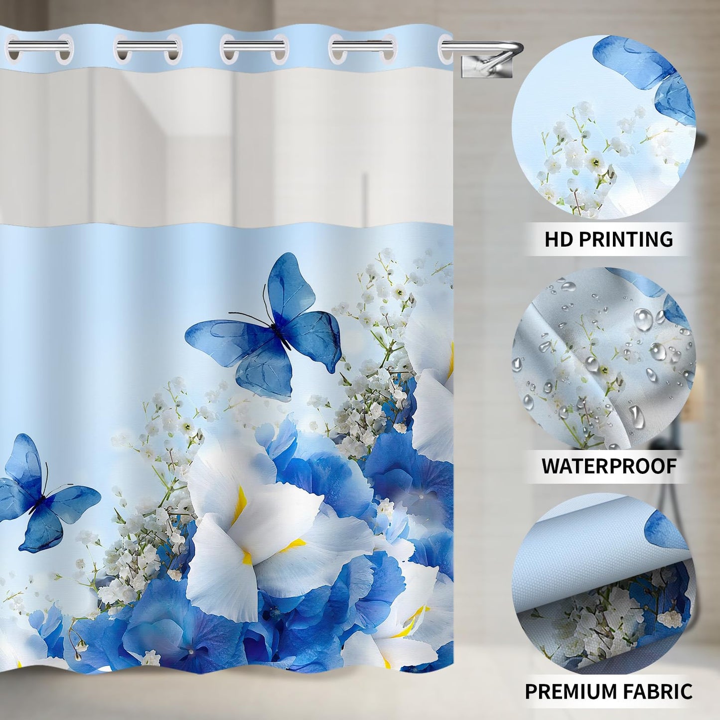 Mowxune No Hook Nature Shower Curtain with Snap in Fabric Liner Set,Bule Flowers and Butterfly Shower Curtains for Bathroom Clearance,Double Layers Waterproof,71x74 in