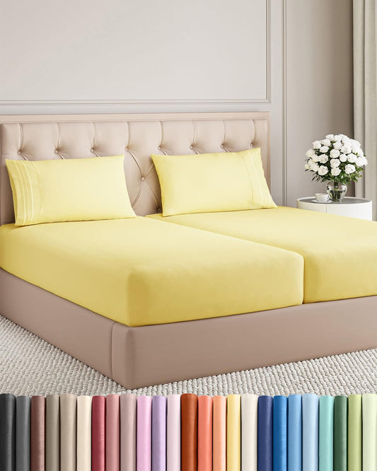 Split King Size 5 Piece Sheet Set - Comfy Breathable & Cooling Sheets - Hotel Luxury Bed Sheets for Women & Men - Deep Pockets, Easy-Fit, Soft and Wrinkle Free Sheets - Yellow Oeko-Tex Bed Sheet Set
