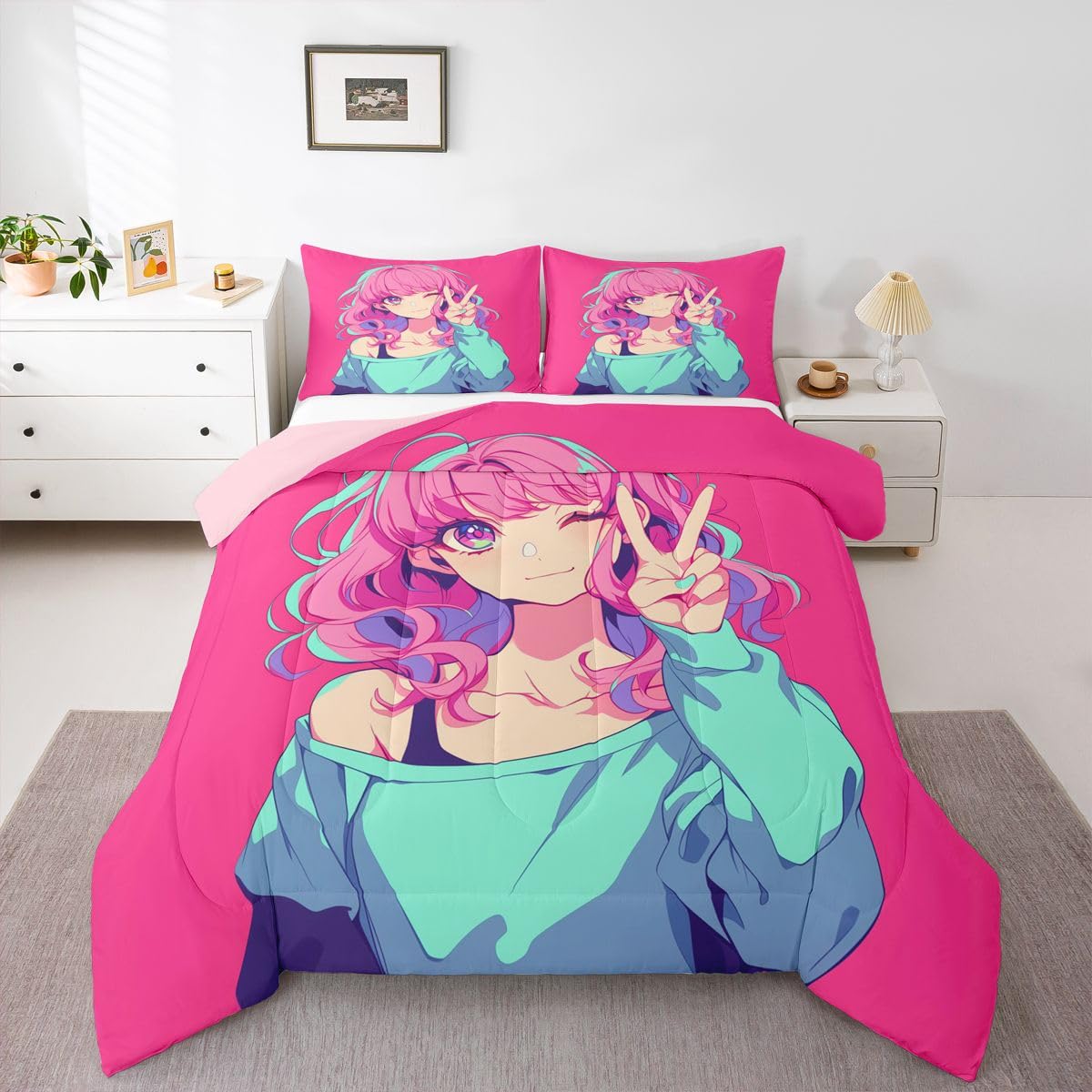 Erosebridal Japanese Anime Bedding 3D Anime Girl Comforter Set, Kawaii Japanese Style Bedding Comforter Sets Cartoon Uniform Girl Duvet Insert for Girls Hot Pink Room Decor, Full