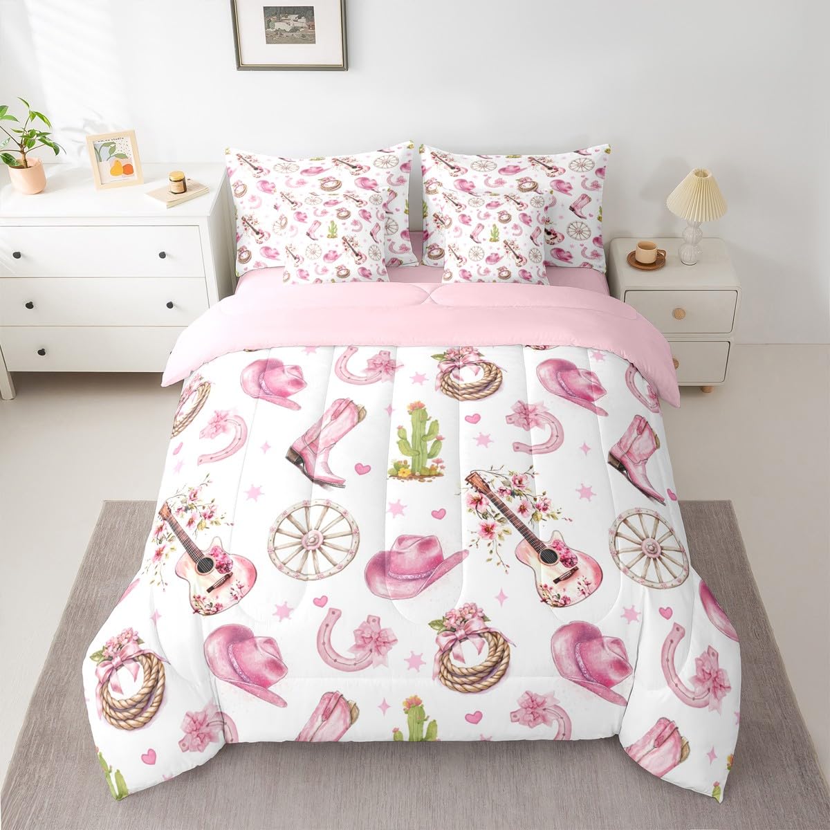 Erosebridal 7Pcs Cute Pink White Western Cowgirl Twin Comforter Set with Sheets Cactus Guitar Bow Bedding for Teen Girl Vintage Western Hat Boot Wildflower Bed in A Bag Preppy Fahion Coquette Bed Sets