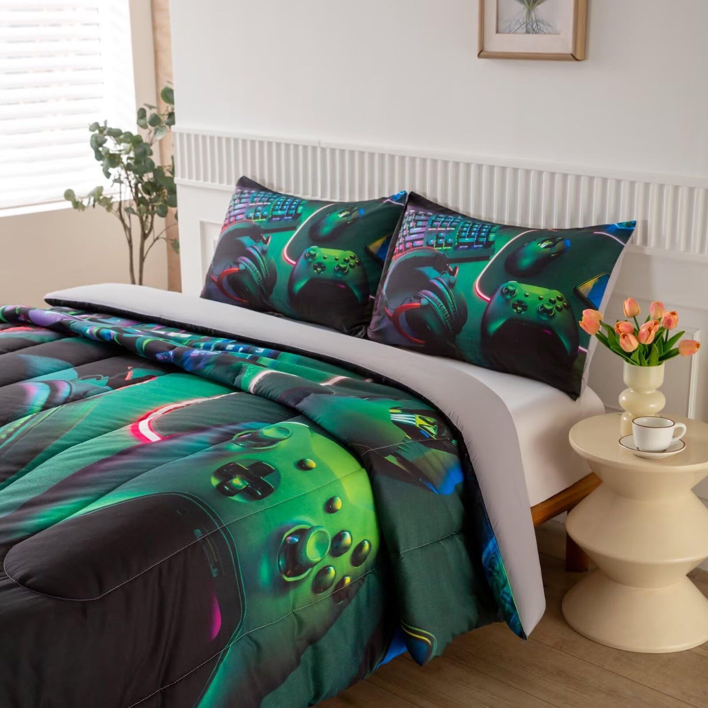 GRAT TIOC Gamer Comforter Sets for Teen Boys,Gaming Bedding Sets Twin,Video Game Bedspread,Game Gamepad Bedrooom Bed Set,Controller Gamer Home Decor 3 Piece