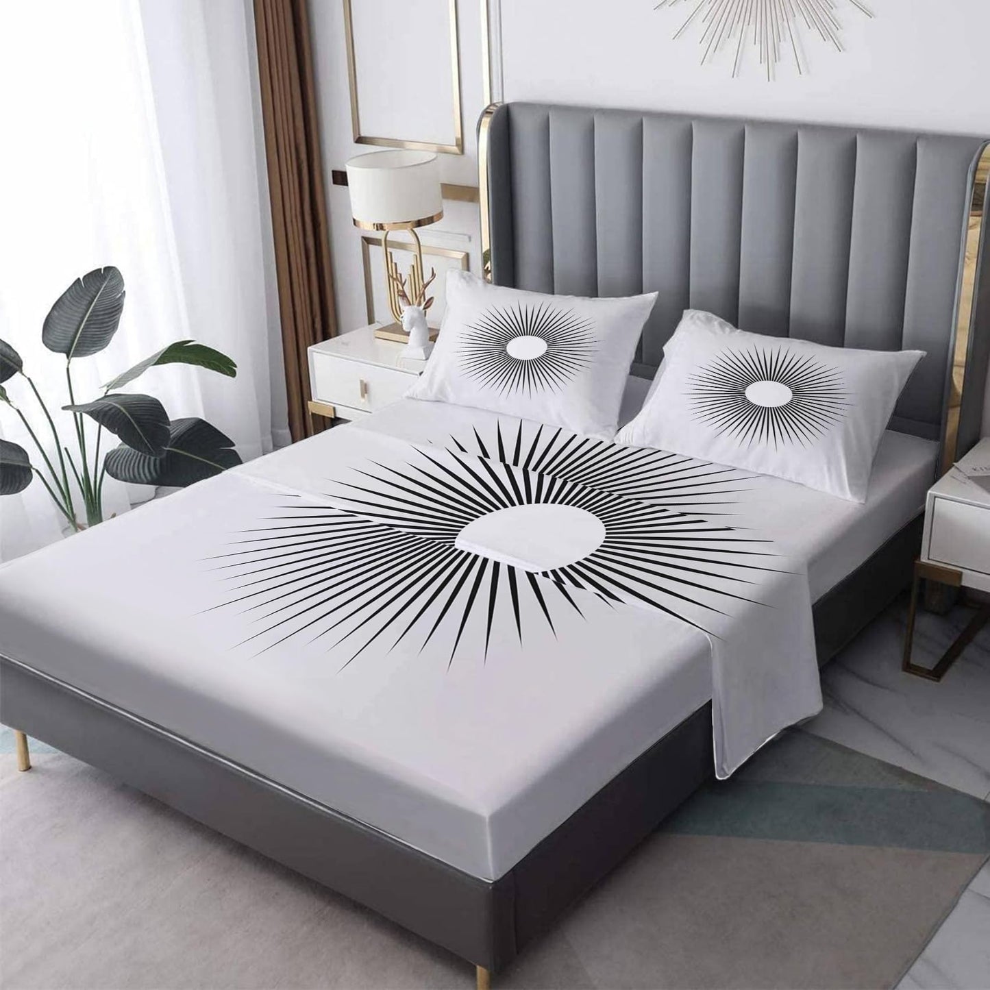 zcsm Black and White Sheets King Size - Abstract Sun Bed Sheets, Soft Microfiber & Deep Pocket & Wrinkle Free Patterned Bedding Sheets & Pillowcases, 1 Fitted Sheet, 1 Flat Sheet, 2 Pillow Cases