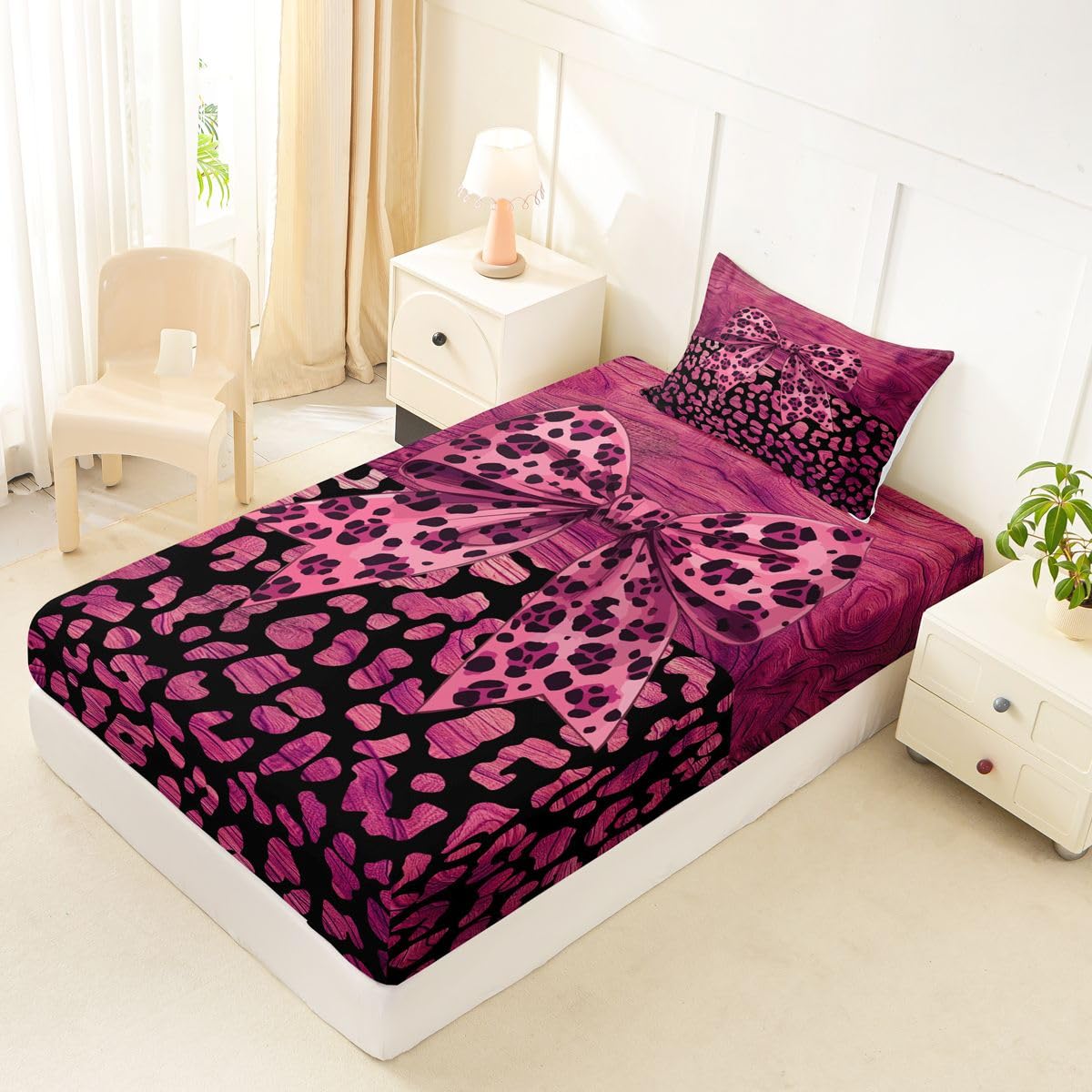 jejeloiu Pink Leopard Bow Fitted Sheet with 1 Pillowcase Twin Size Leopard Print Bowknot Bed Sheets Set 16" Deep Pocket Boys Girls Abstract Bedding Teens Bedroom Decor Breathable