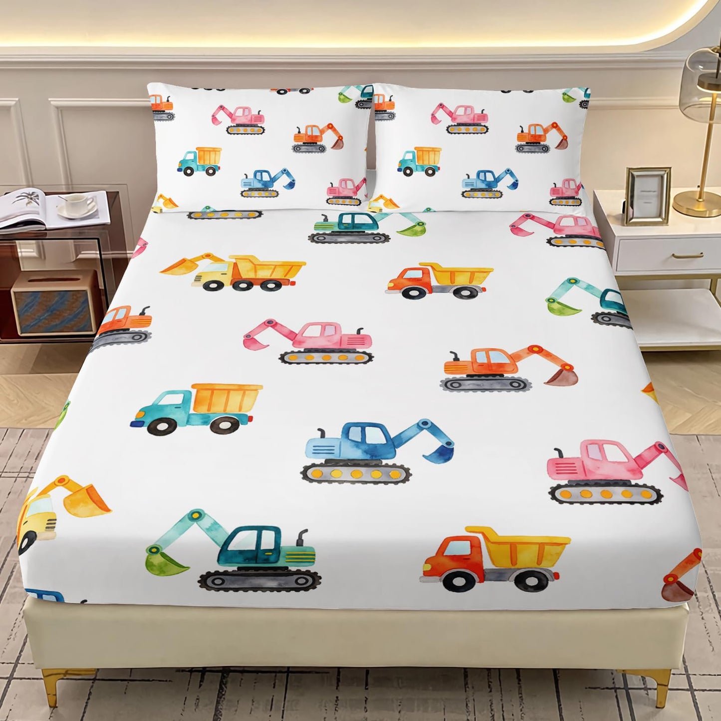 AILONEN Watercolor Construction Truck Twin Fitted Sheet Set 3 Piece,Excavator Digger Bedding with 2 Pillowcases,Boys Nursery Vehicle Linens,16 Inch Deep Pocket Microfiber