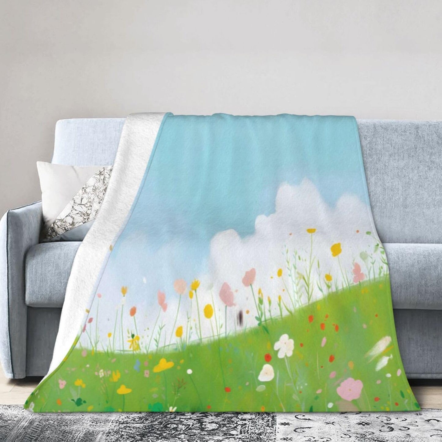 Blue Sky Grassland Flowers Throw Blanket for Couch Soft Blanket for Bed Bed Sofa Decor for Living Room Bedroom 60"X50"