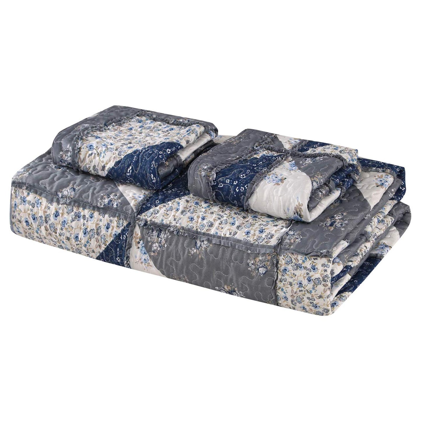 Full Queen Size Patchwork Quilt Set Grey Floral Reversible Quilted Bedspread Coverlet Set 3-Piece Lightweight Comforter Stitched Quilt Bedding Set Bed Sheet Set Cover Blanket with 2 Pillow Shams