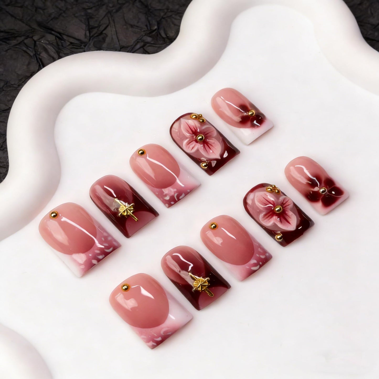 Handmade Press on Nails Glossy Cherry Red False Nails with 3D Flower & Golden Steel Designs Gradient French Tip Thicked Fake Nail Full Cover Muti-Layer Gel Acrylic Stick on Nails for Women (M)