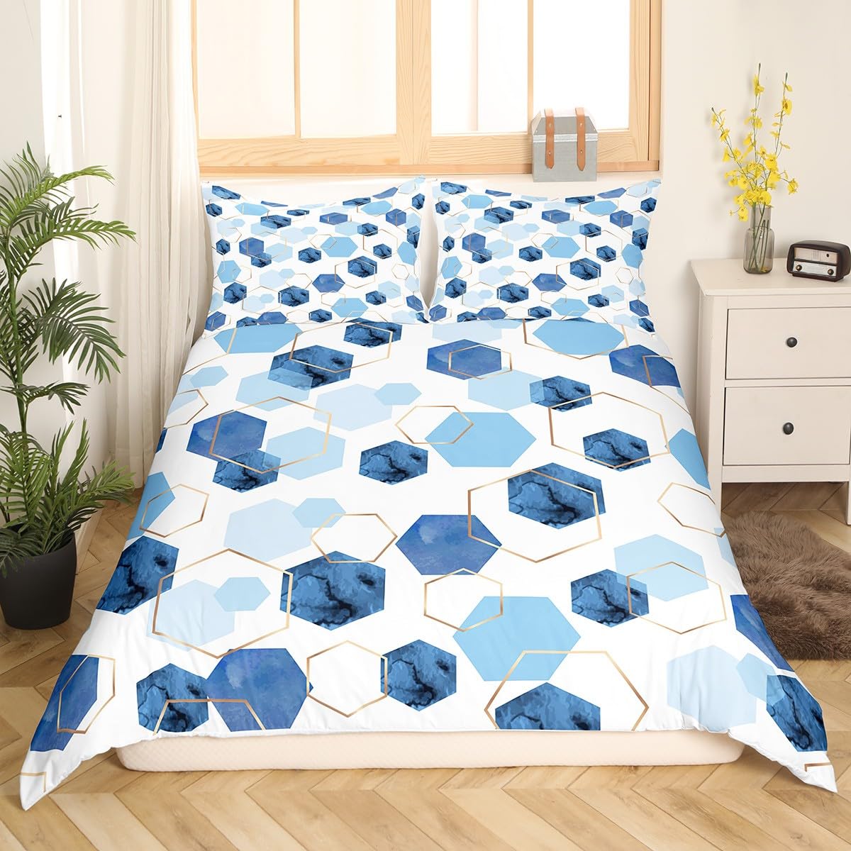 Erosebridal Hexagon Bedding Sets Queen Navy Blue Comforter Cover, Watercolor Honeycomb Bed Set Abstract Tie Dye Duvet Cover, Luxury Gold Hexagon Quilt Cover Microfiber (Zipper Closure)